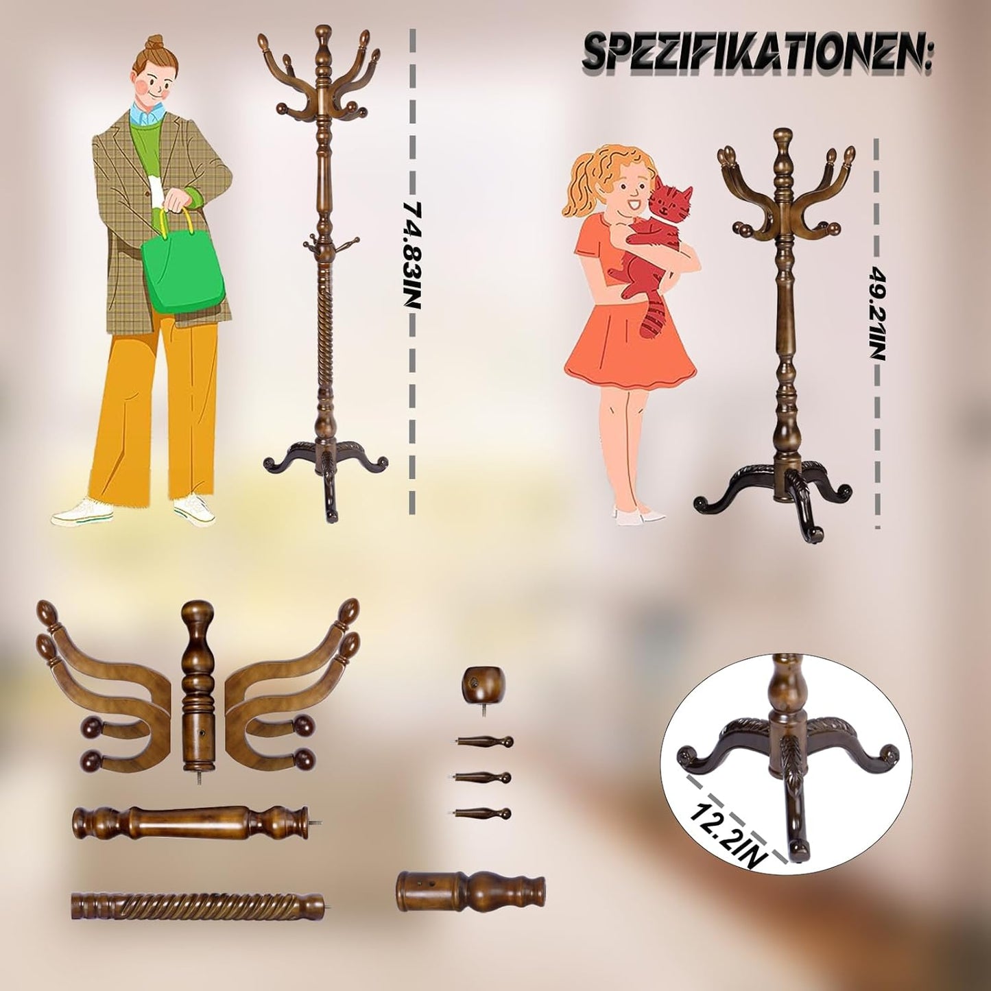 73 in Wood Coat Rack, Coat Rack Freestanding with Stable Round Base, Adjustable Height Tree Coat Racks Stand for Home Bedroom Office Hallway Entryway (Triangular Antique)