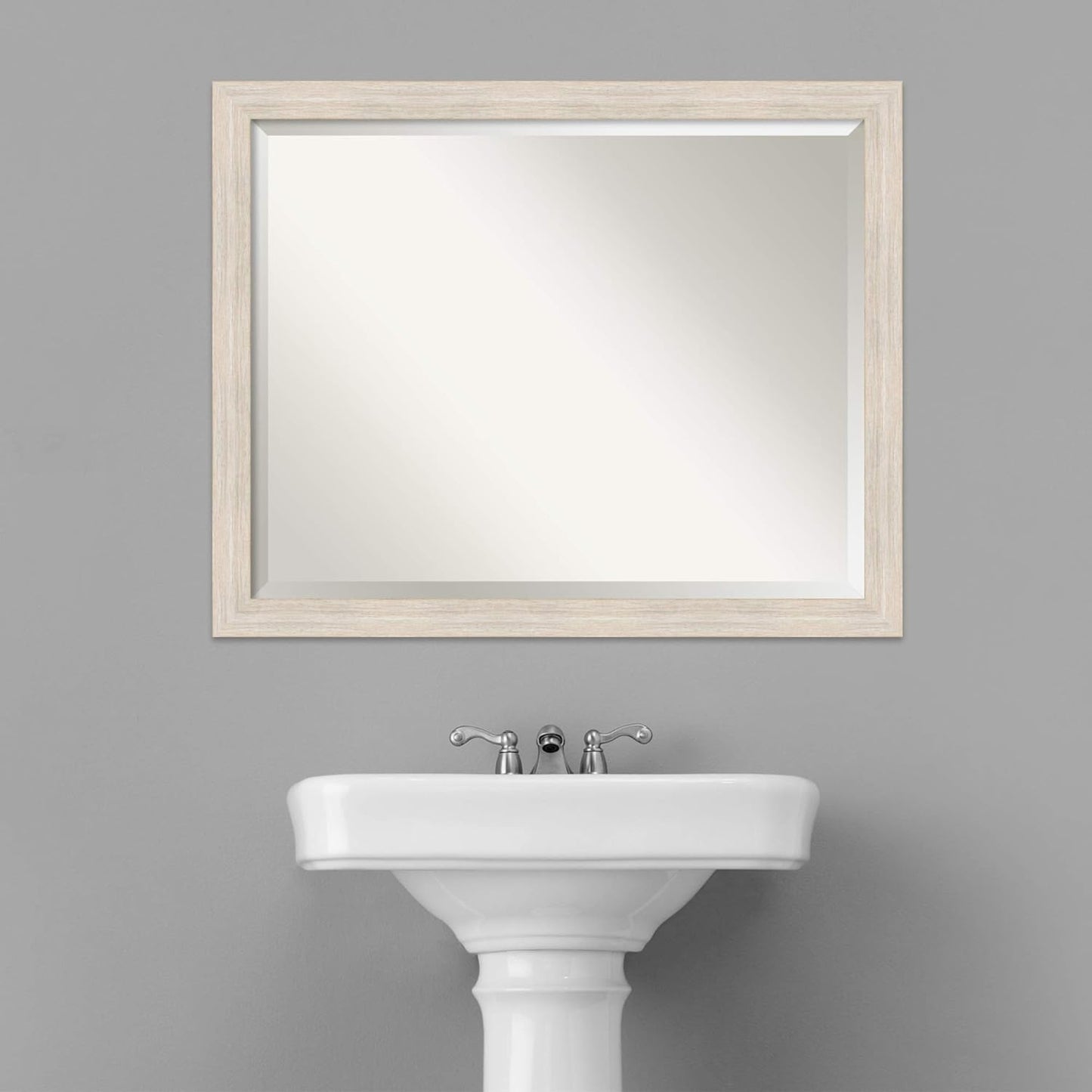 Amanti Art White Bathroom Mirror for Over Sink, 25x31 Hardwood White Wash Narrow Rectangle Vanity Mirror, Large Rustic Farmhouse Wood Frame, Hangs Horizonally and Vertically, Bathroom Wall Decor