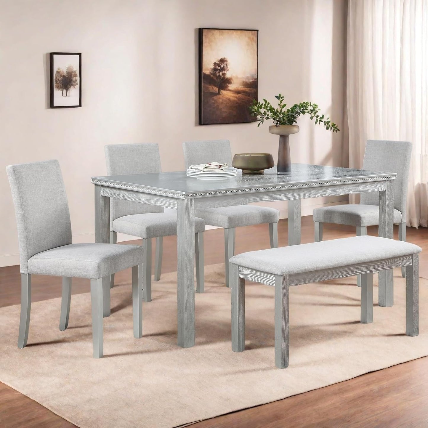 Dining Table Set for 5, 6 Piece Dining Room Table Set with Rectangular Crystal Decoration Table, 4 Upholstered Chairs and Bench, Counter Height Kitchen Sets with MDF Tabletop, Silver Gray