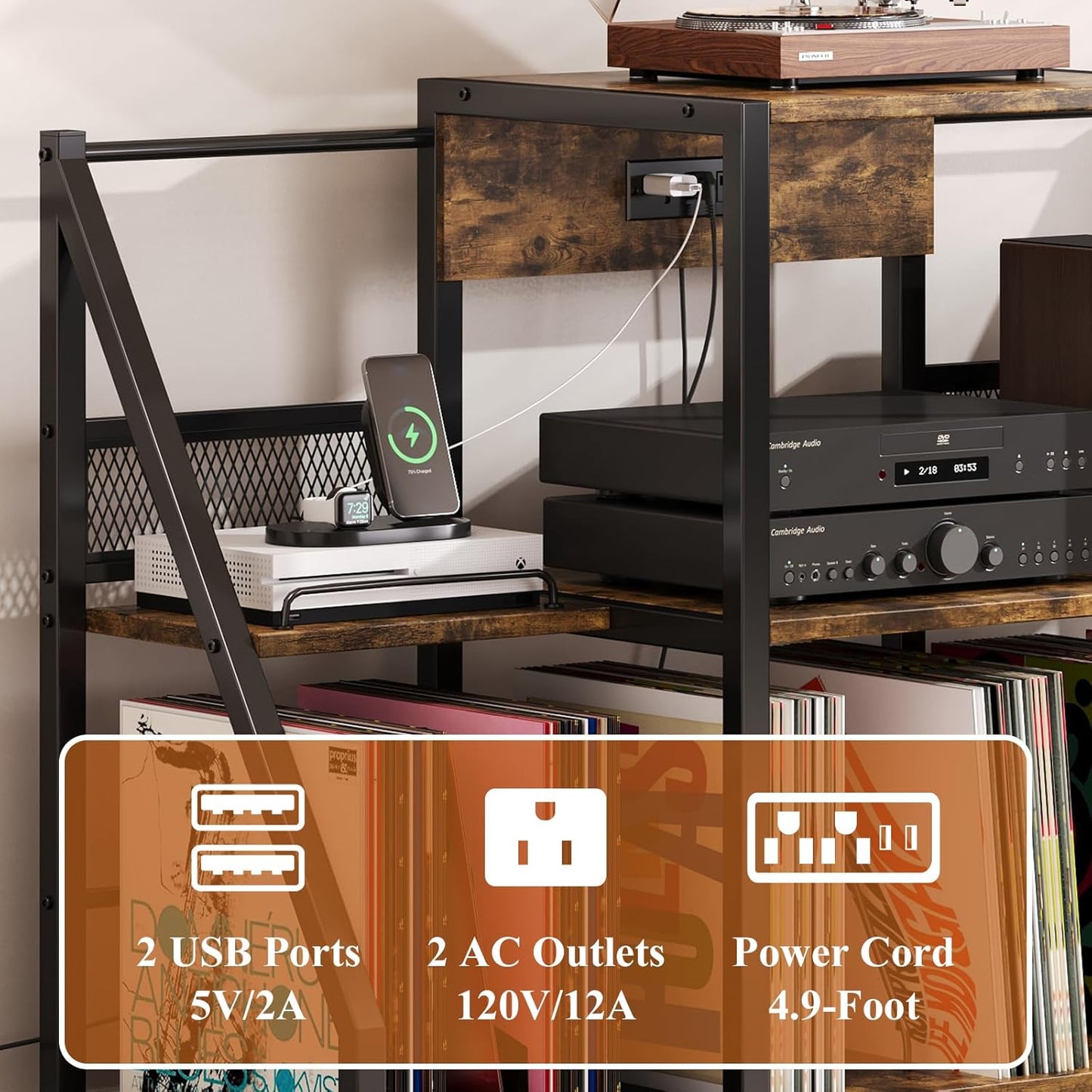 Large Record Player Stand Vintage Record Stand-Large Vintage Record Player Table with Power Outlet and LED Light,Record Storage Rack with Vinyl Display Shelf for Up to 300 Albums