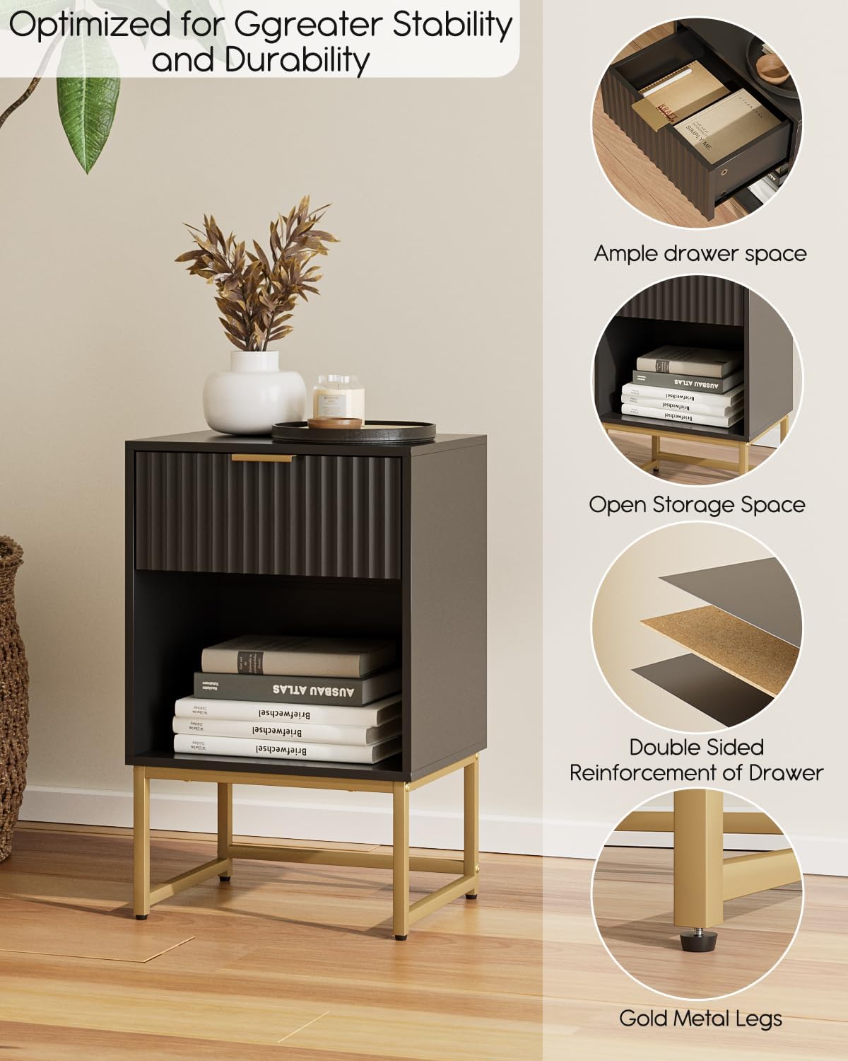 Masupu Fluted Nightstand,Modern Night Stand Wood Bedside Table with Storage Drawer Side End Table for Bedroom,Living Room,Office,Black