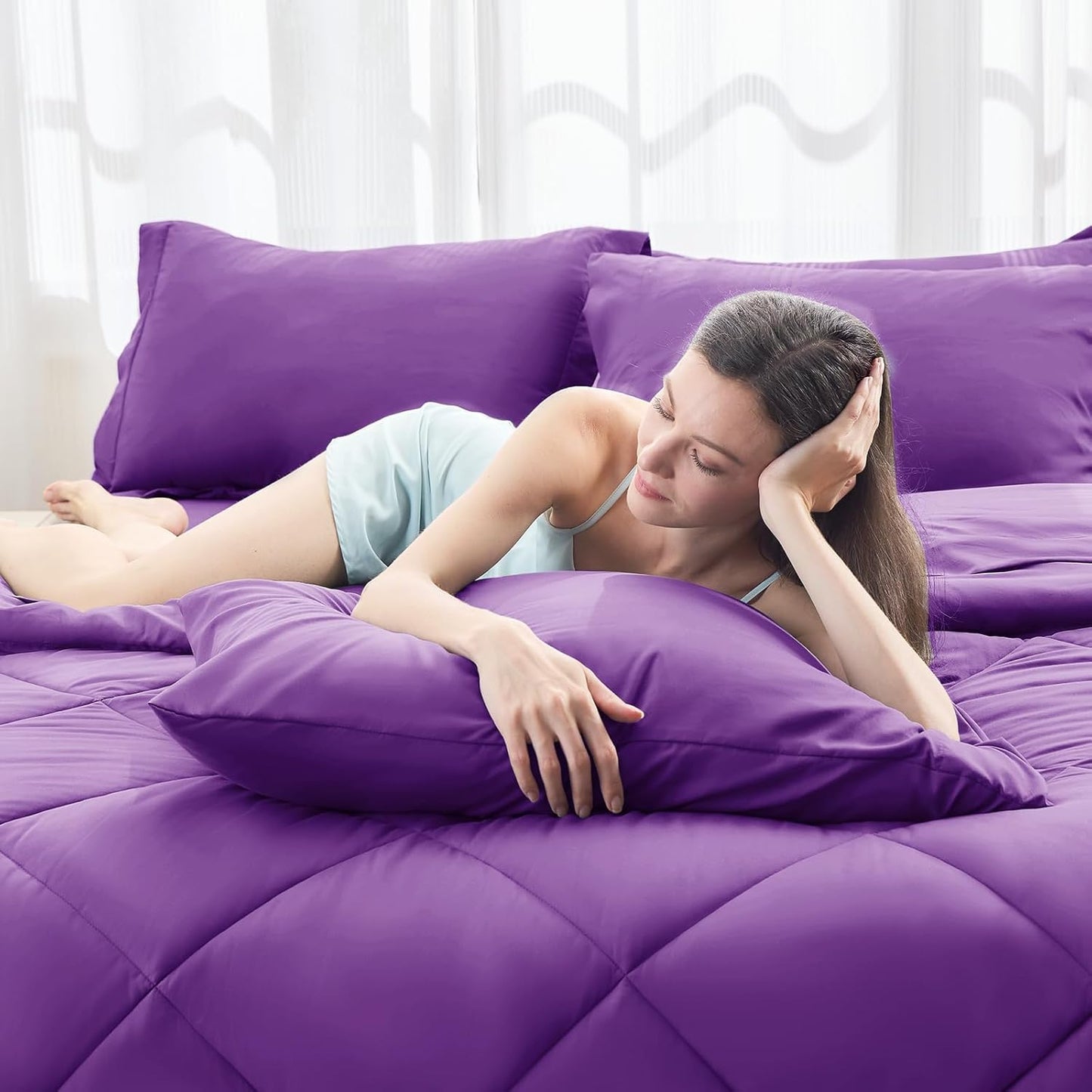 HEVUMYI Purple Cali-King Comforter Set - 7-Piece All Season Bed in a Bag Cali-King, Ultra Soft Bedding Set with Comforter, Flat Sheet, Fitted Sheet, Pillowcases, Pillow Shams