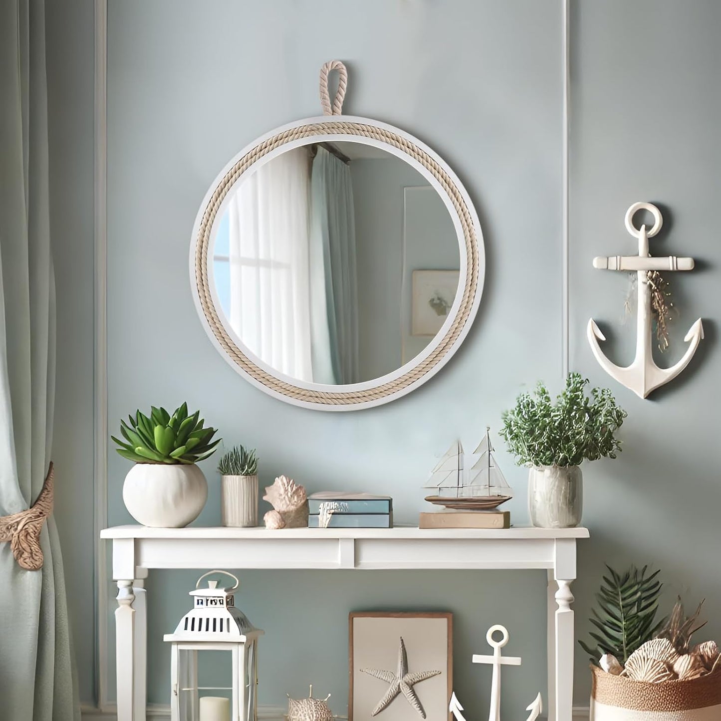 Nautical Round Wall Mirror with Rope 20'' White Circle Hanging Mirror Nursery Coastal Beachy Wall Mirror Decorative Mirror for Bathroom,Livingroom,Entryway-Nautical Theme Décor
