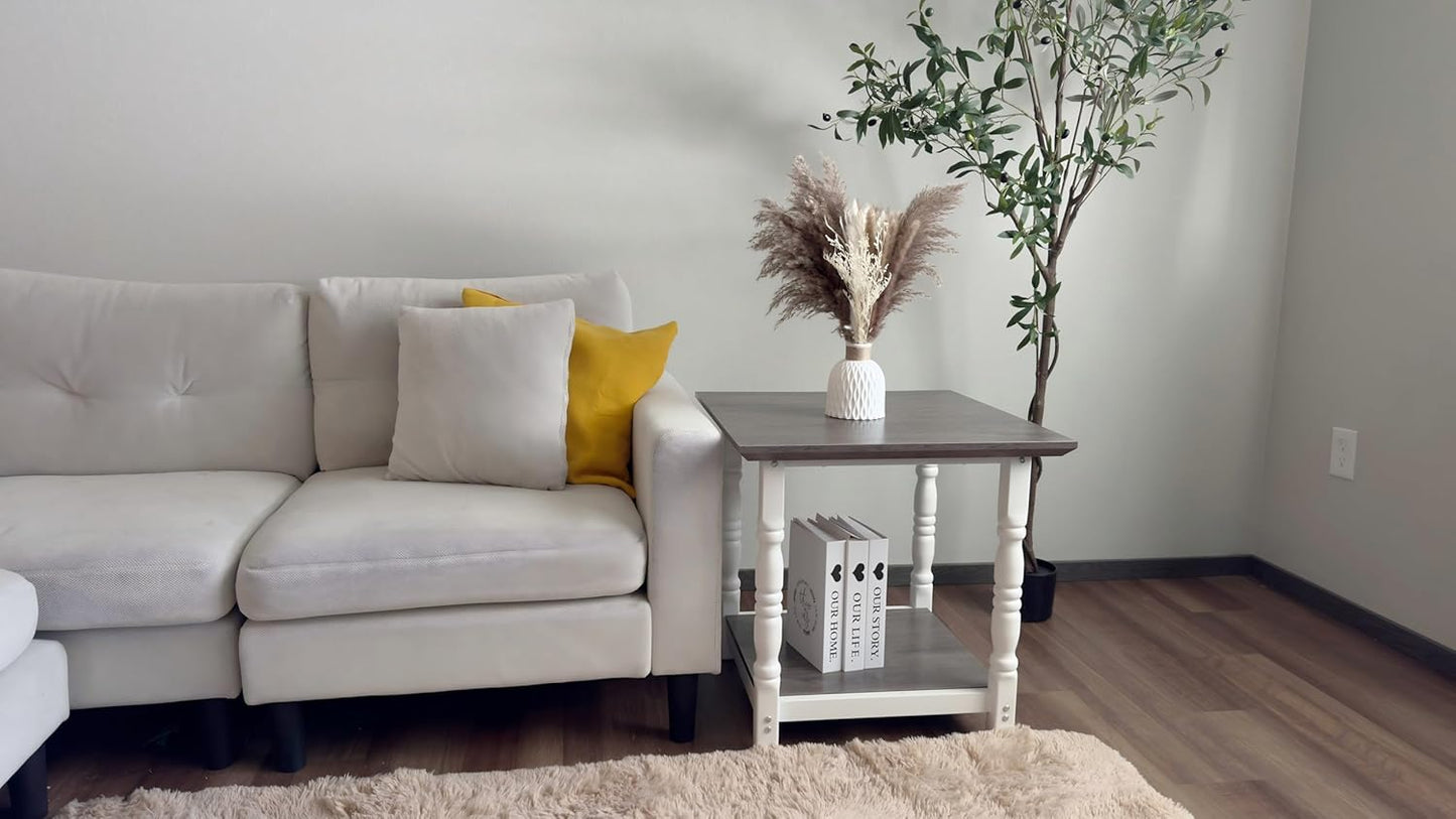 DWVO Farmhouse Square Coffee Table Set of 2, Antique Accent Side Table with Floor Shelf, 23.6"x 23.6" Living Room Furniture, Vintage Ivory & White