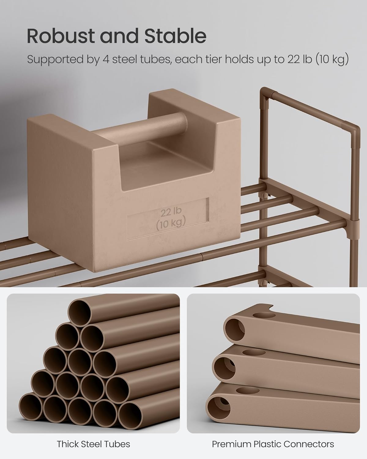 SONGMICS Shoe Rack, 3-Tier Shoe Organizer, Metal Storage Shelf, Upright or Upside Down, for 16-20 Pairs, Stackable, for Entryway, 11.8 x 36.2 x 21.7 Inches, Walnut Brown ULSA303K01