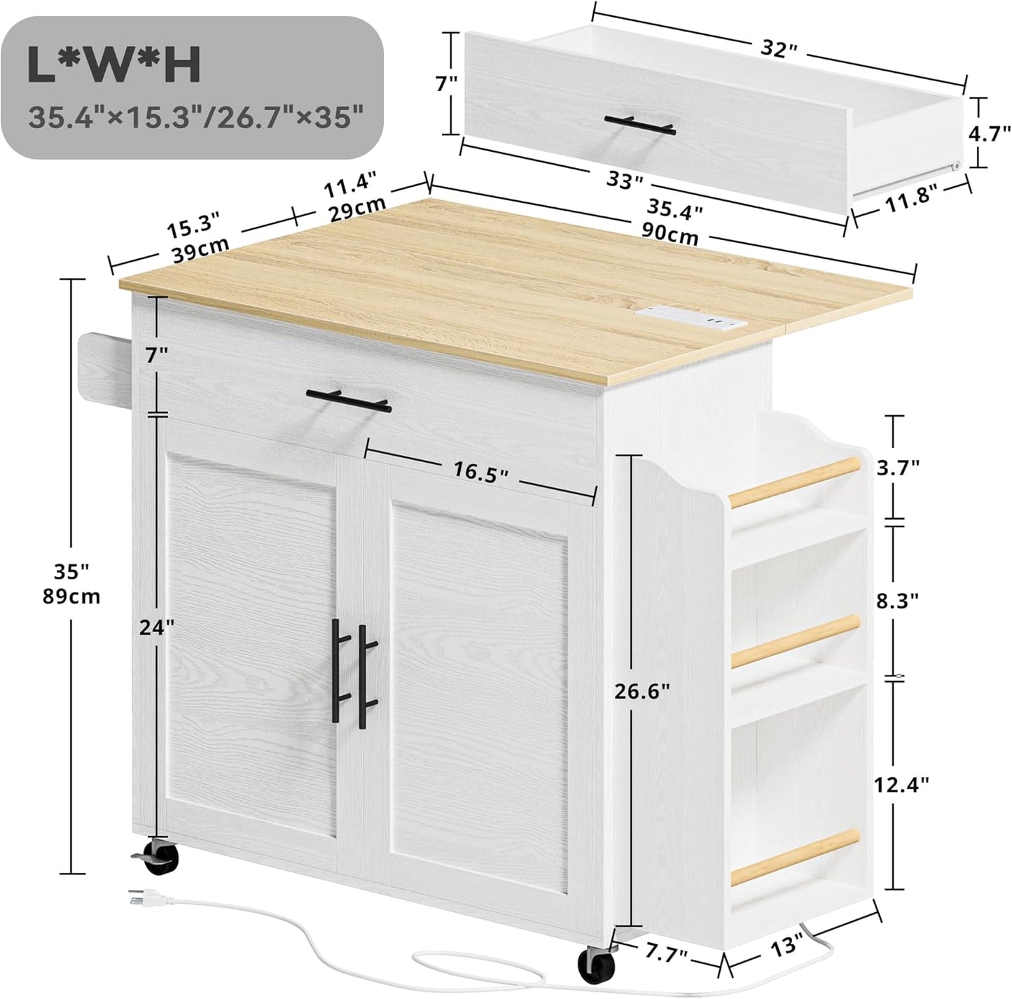 IRONCK Kitchen Island with Storage, Rolling Kitchen Island on Wheels with Drop Leaf, 3 Open Spice Rack Shelf, Door Cabinet, Drawer, Kitchen Cart Island Table for Kitchen, White