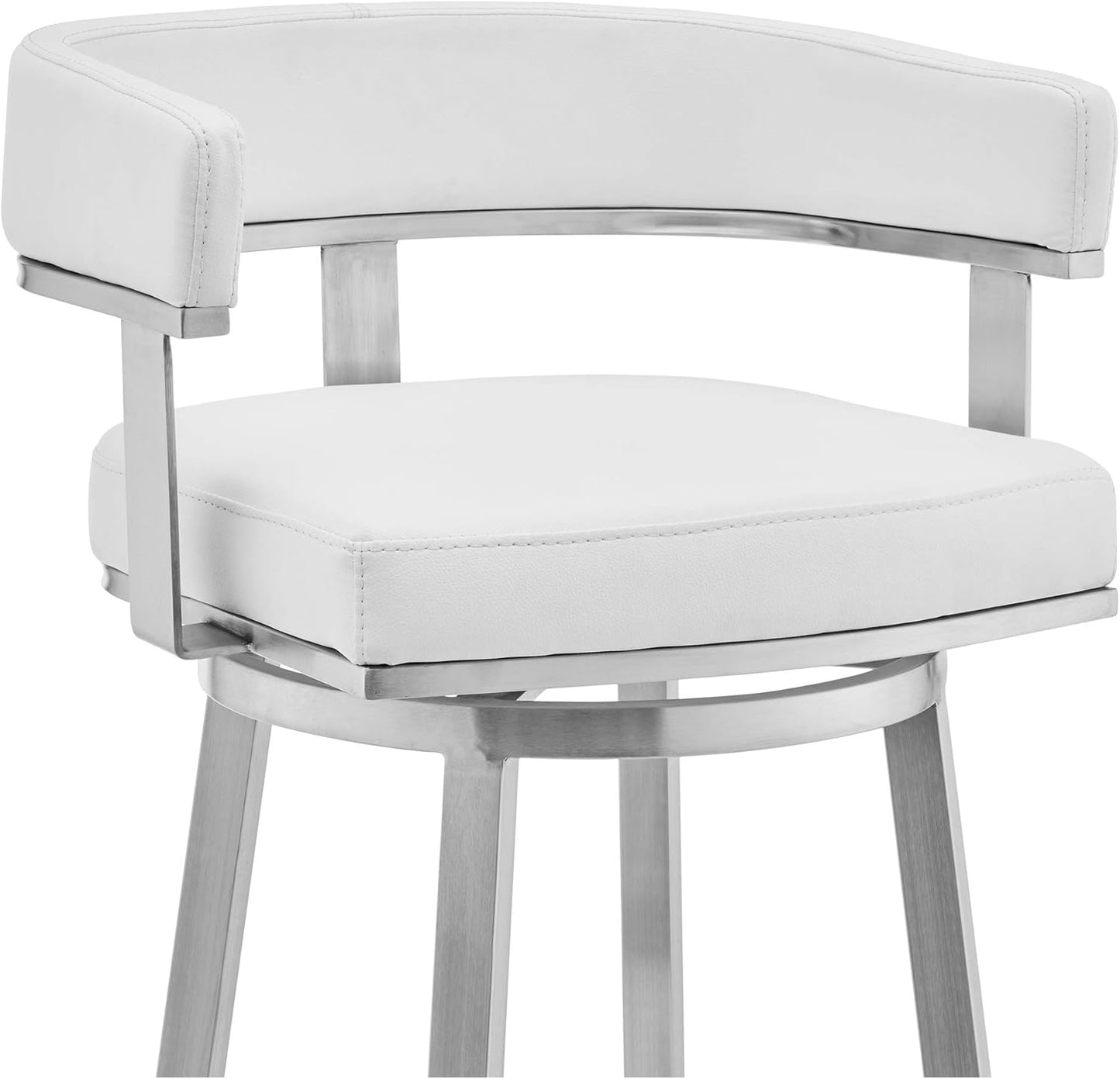 Armen Living Lorin Modern 30" Seat Height White Faux Leather and Brushed Stainless Steel Metal Swivel Bar Stool for Kitchen Island Counter