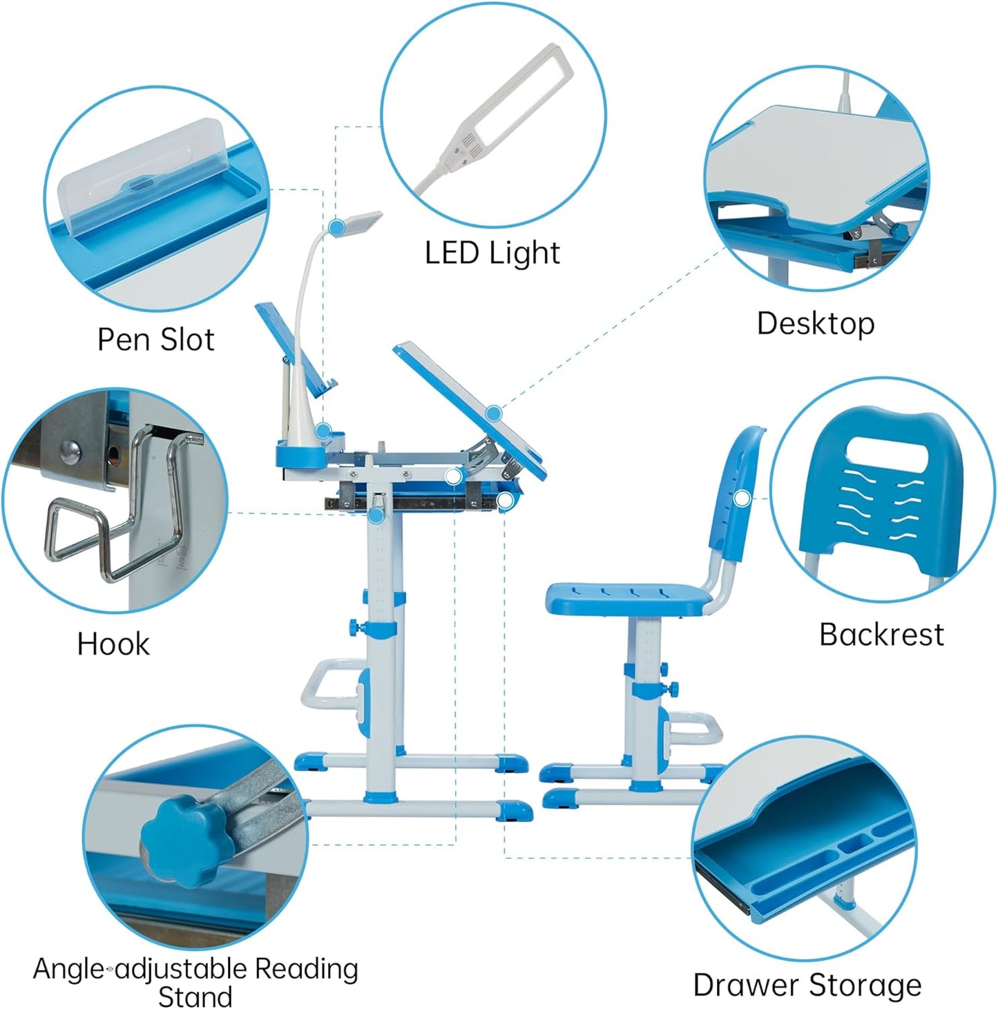 Real Relax Kids Desk and Chair Set, Children's Multifunctional School Tables with Tilt Desktop, LED Light, Metal Hook Blue
