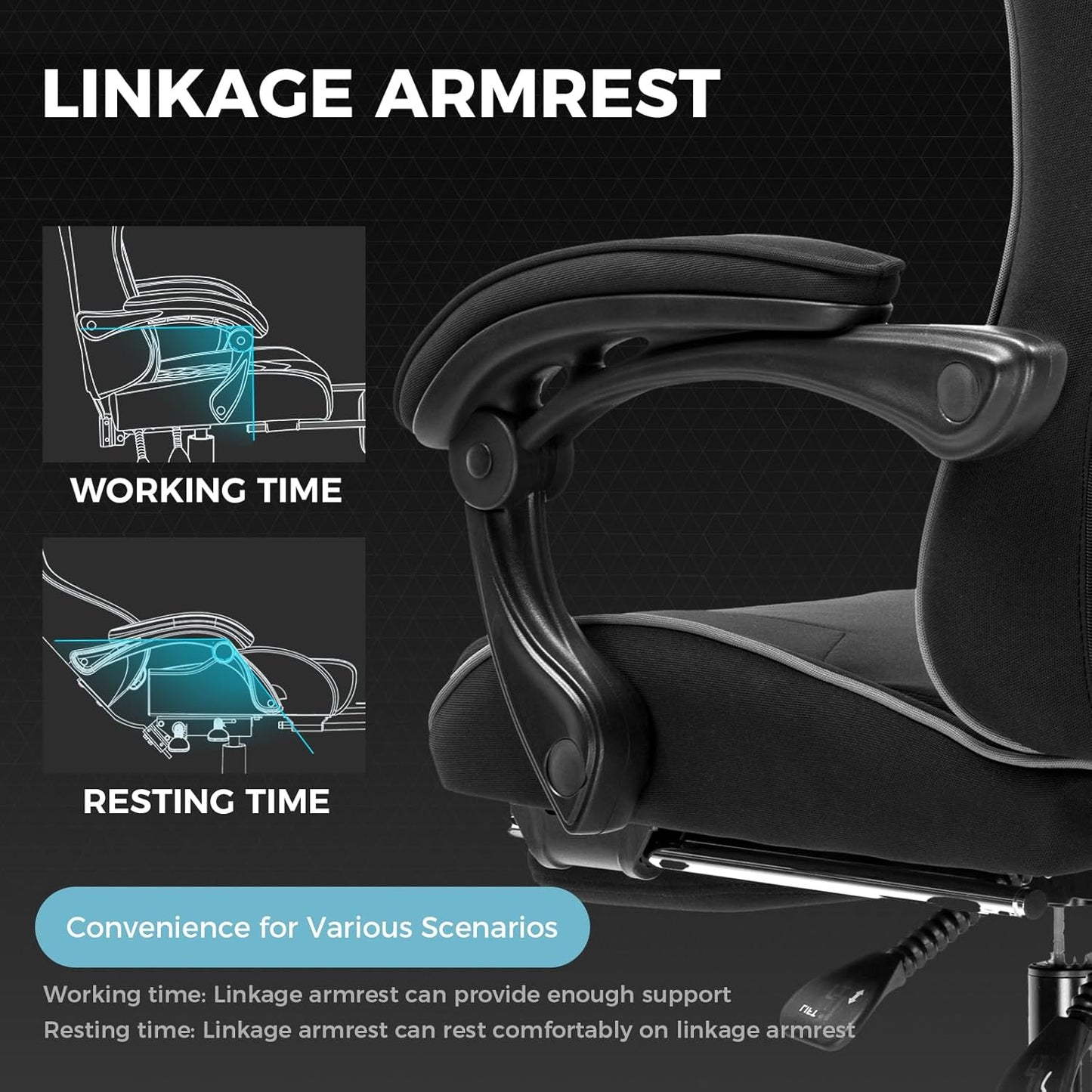 GTPLAYER Gaming Chair with Footrest, Computer Chair with and Lumbar Support, Height Adjustable Game Chair with 360°-Swivel Seat and Headrest and for Office or Gaming (All Black-Fabric)