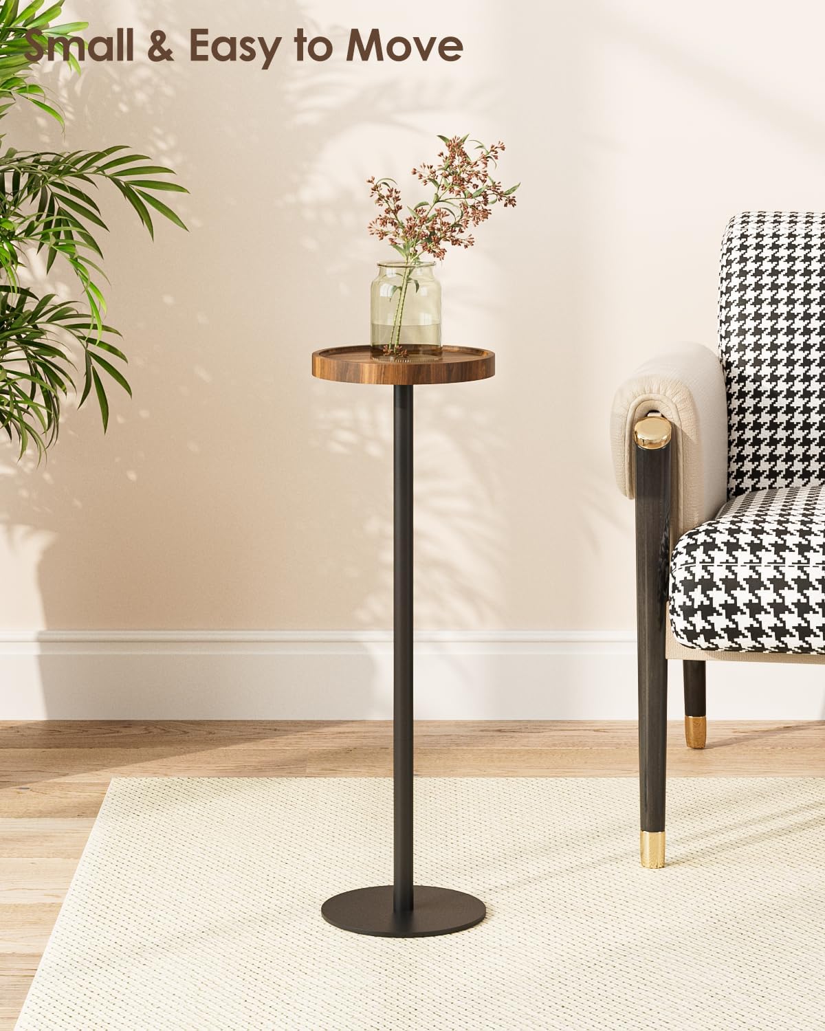 Drink Table, Small Pedestal Side Table, Round Cocktail Table, Circle Accent End Table with Metal Base, for Small Spaces (1, Brown Walnut)