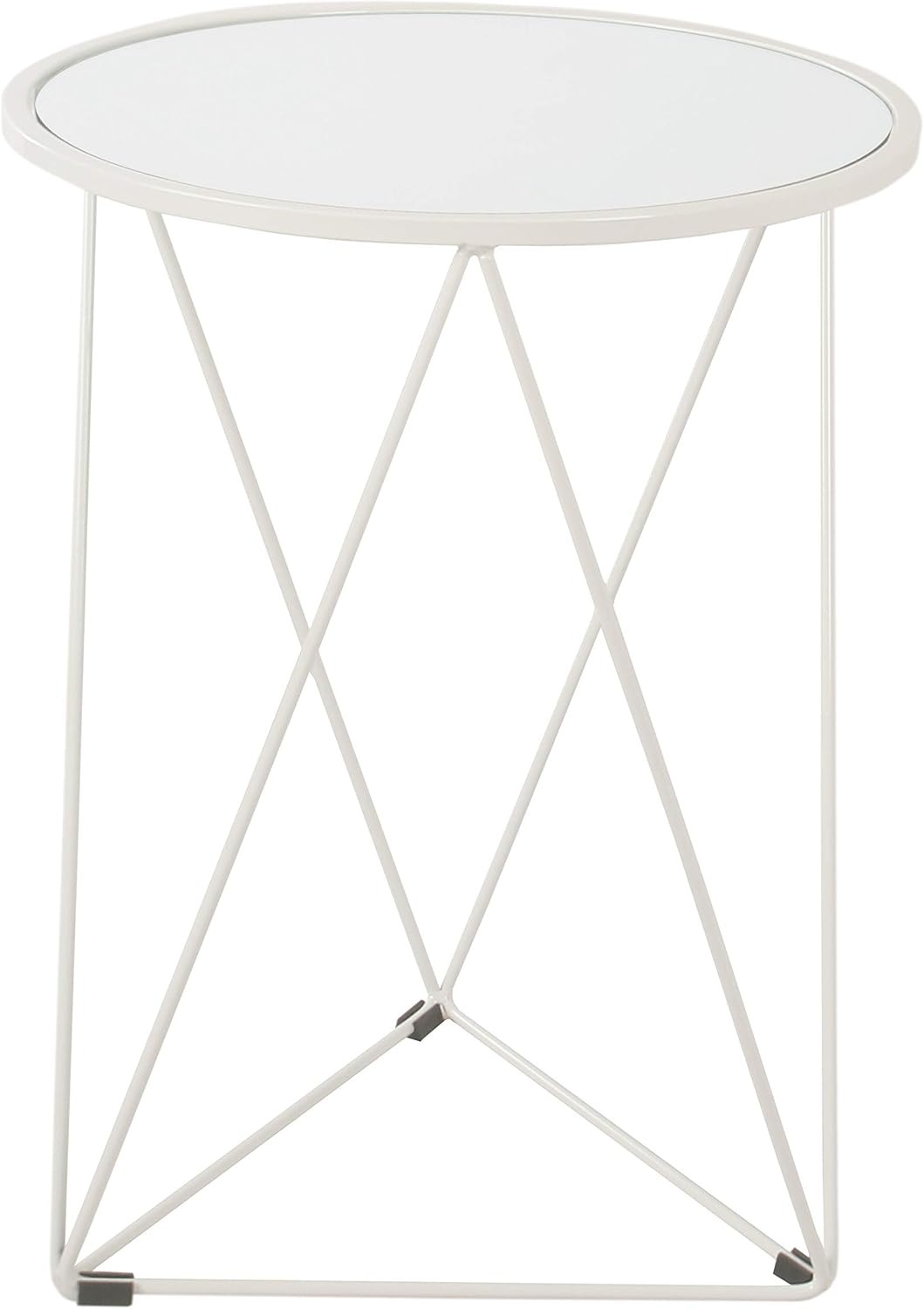 HomePop Metal Accent Table Triangle Base Round Mirror Top, White 18.24D x 24W x 18H in