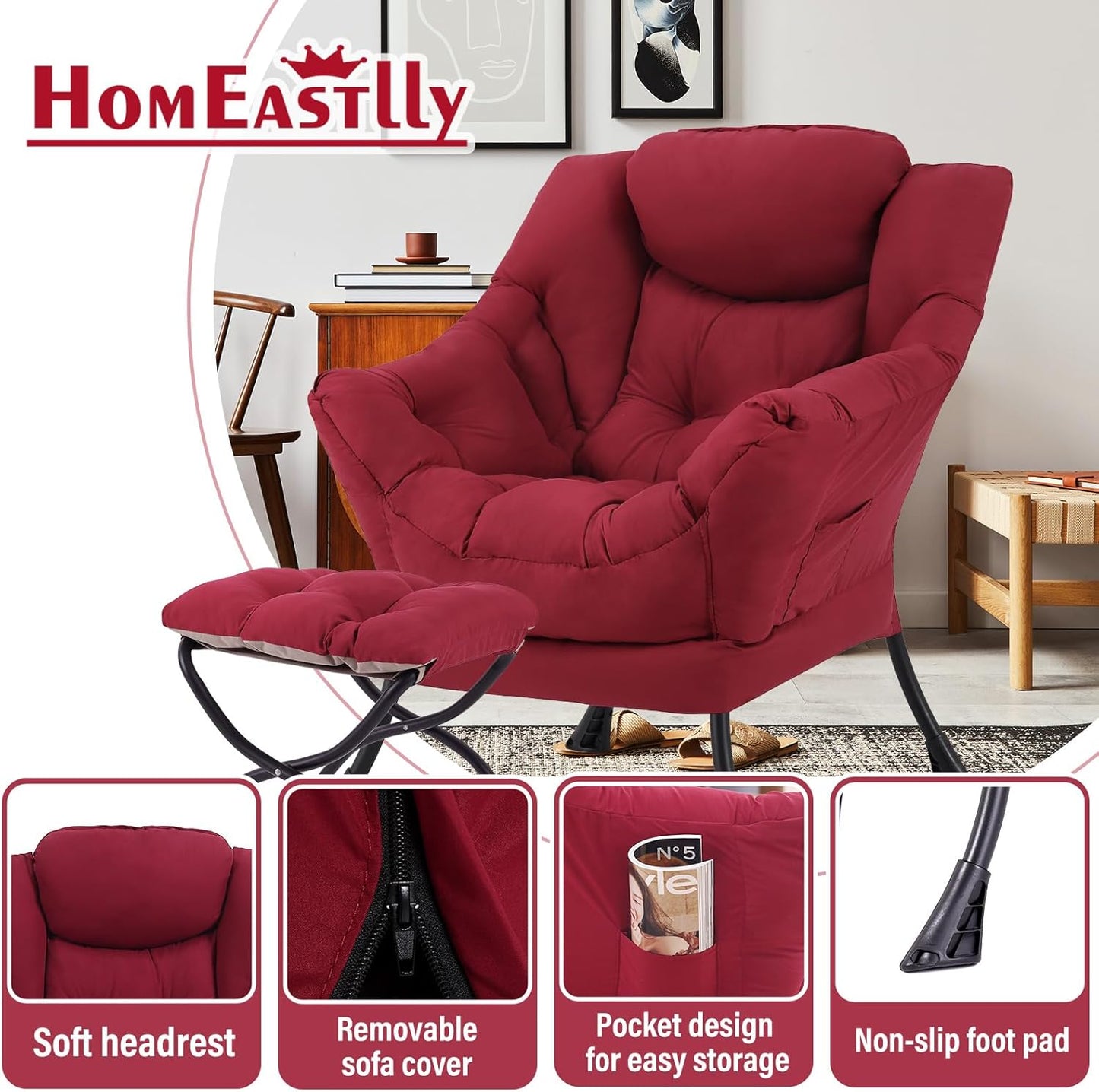 Lazy Chair with Ottoman, Large Modern Lounge Accent Chair with Armrests and Footrest, Reading Armchair with Ottoman, Leisure Sofa Chair for Living Room, Bedroom, Dorm Room, Office(Burgundy)