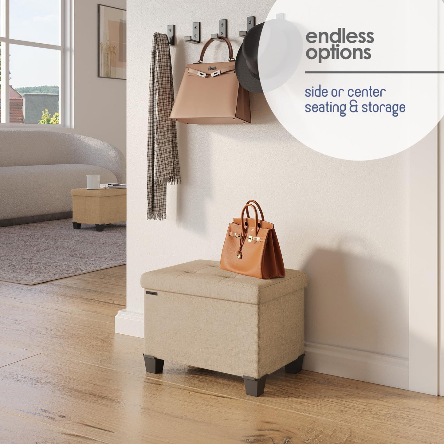 STORAGEBUD Storage Ottoman Cube with Small Bin, 16-in Square Ottoman with Storage for Living Room and Bedroom, Small Ottomans Foot Rest, Fabric Foot Stools Ottomans Max 330lbs, Taupe