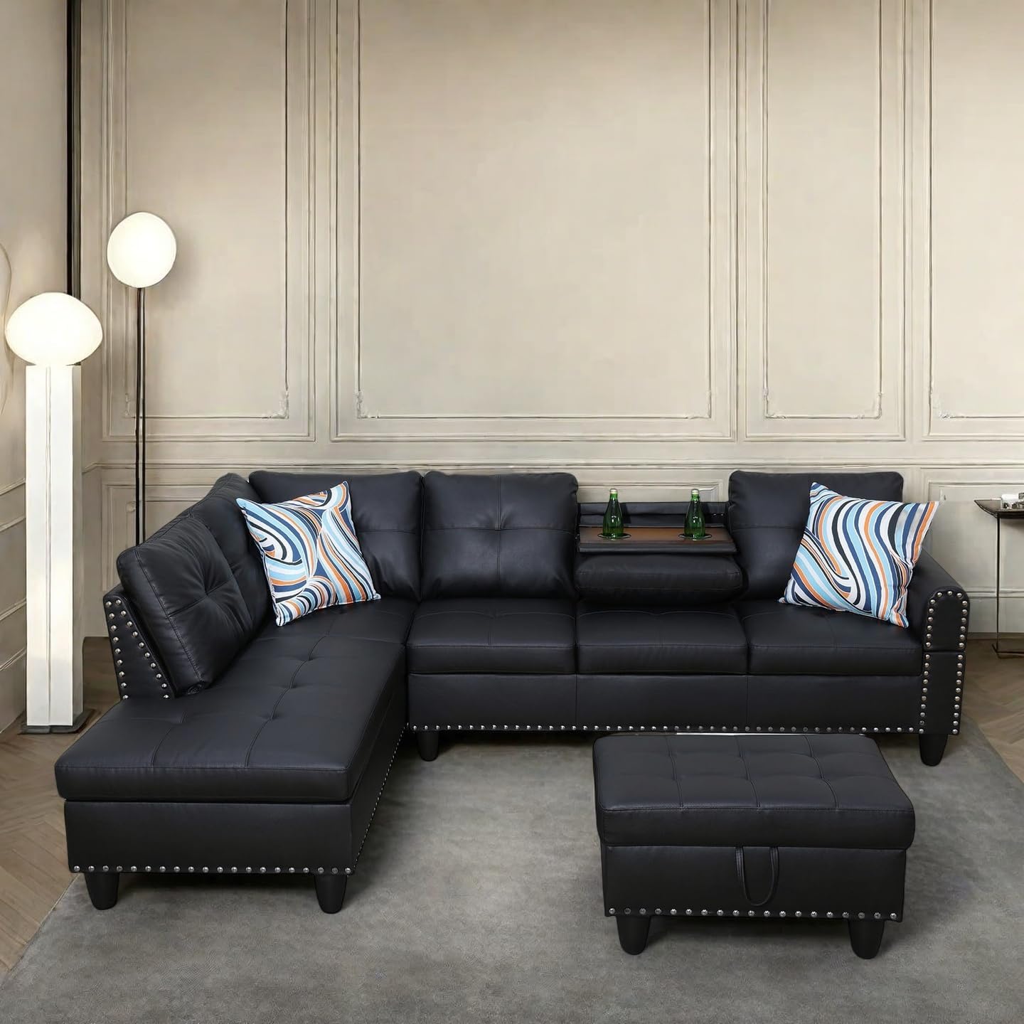 97" L Shaped Sectional Couch with Cup Holder, Modern 4 Seat Modular Sectional Sofa with Storage Ottoman, Living Room Sets for Small Spaces, Apartment, Faux Leather, Black