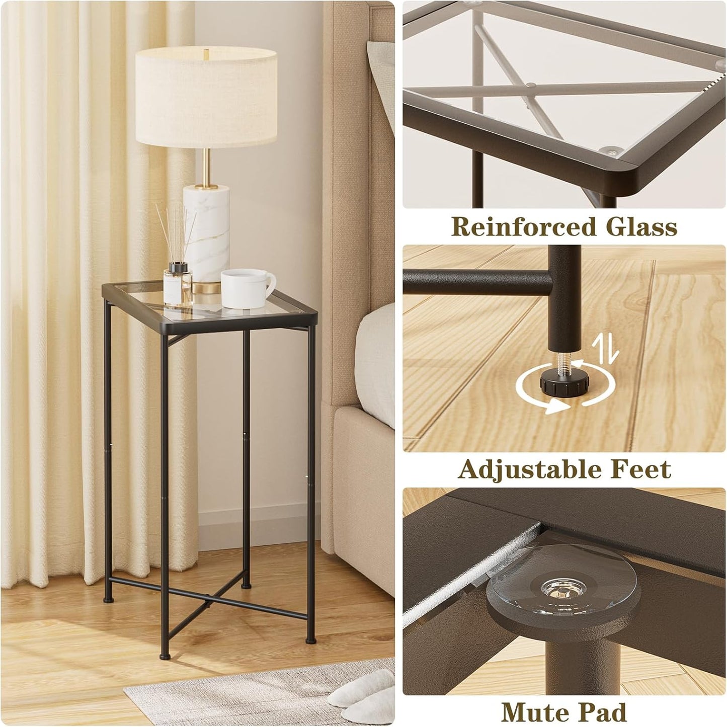 Garden 4 you Small Side Table, Glass End Table, Outdoor Side Table with Metal Frame, Mini Bedside Table for Living Room, Bedroom, Patio, Small Space, Black