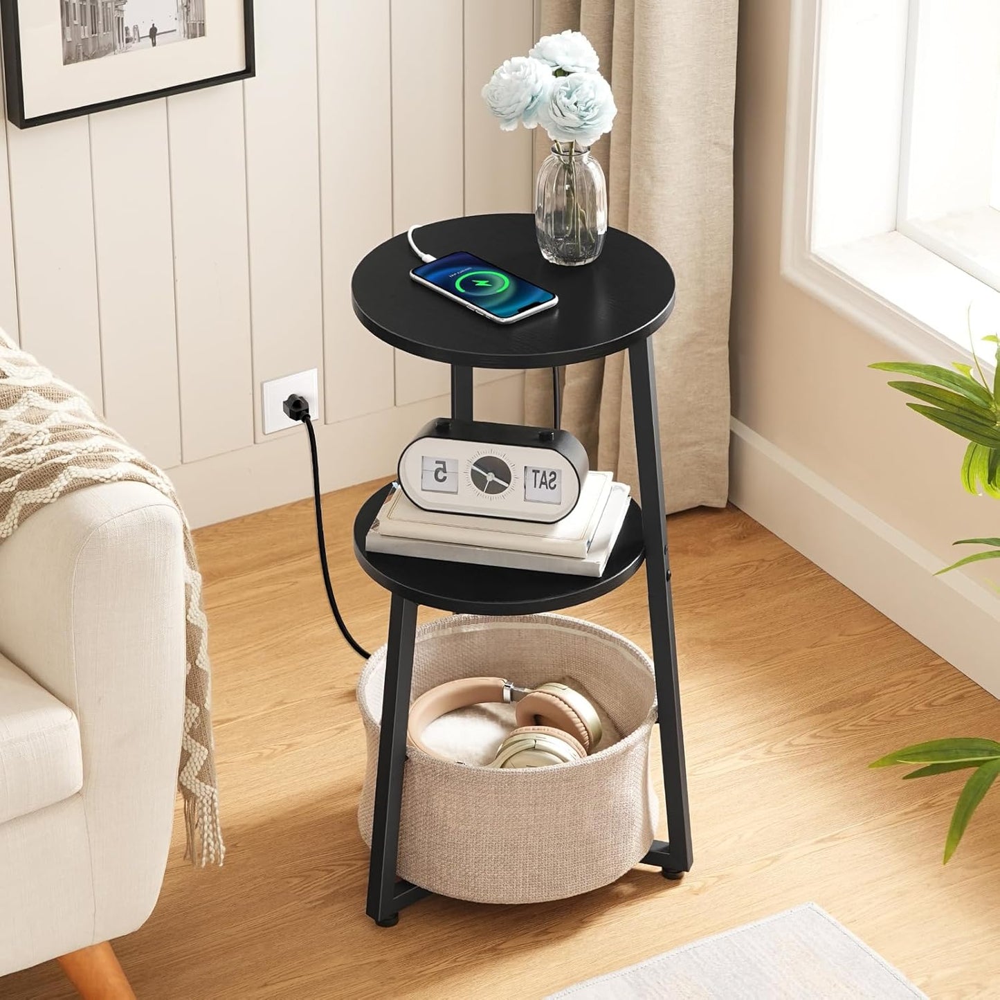 HOOBRO Small Round Side Table with Charging Station, Round End Accent Table with Fabric Storage Basket, Compact Circle Nightstand for Small Space in Living Room, Bedroom, Black BB169UBZ01