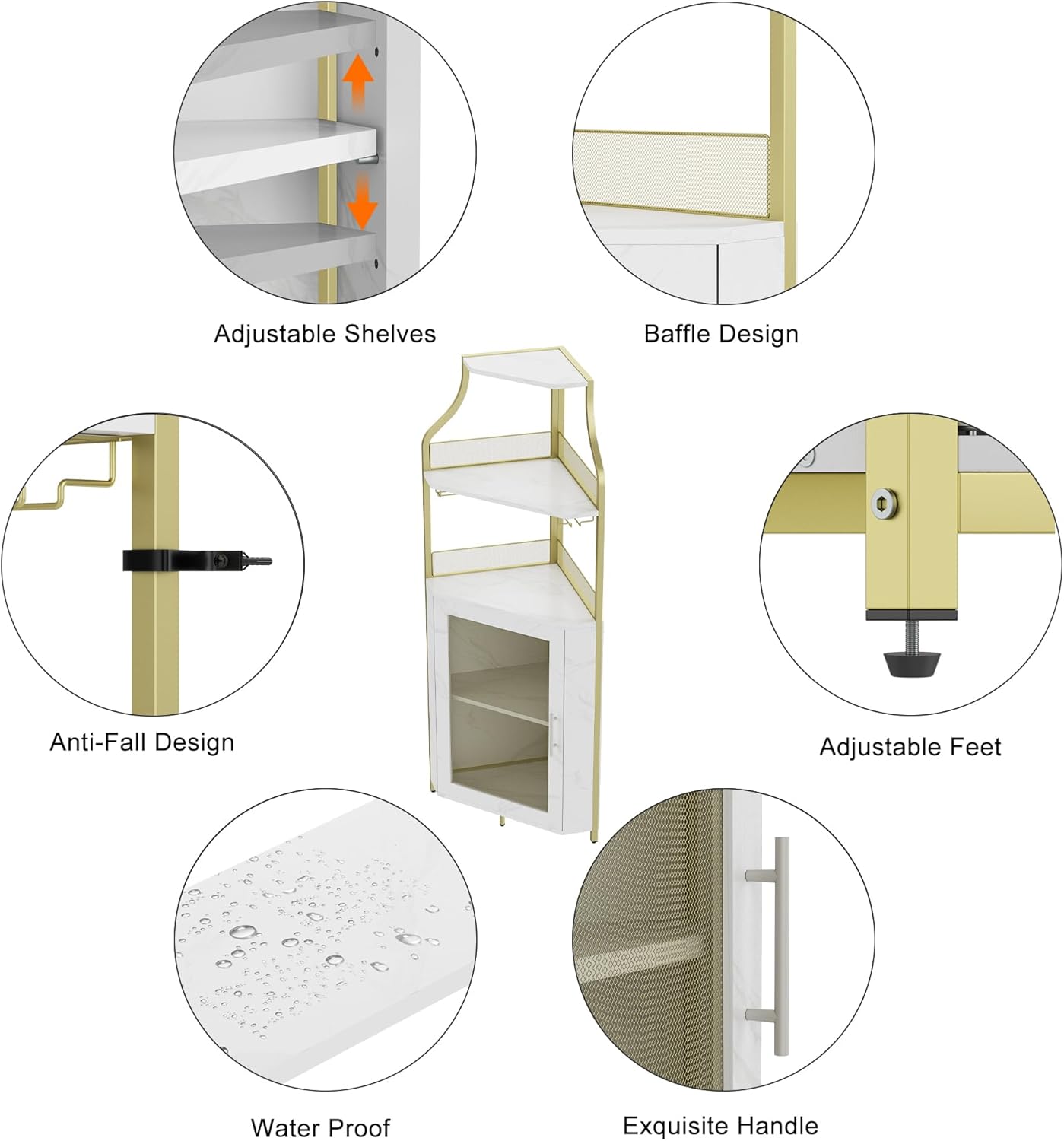 GarveeHome Corner Wine Cabinet with Detachable Wine Rack, 5-Tier Industrial Corner Bar Cabinet with Barn Door and Glass Holder, Farmhouse Buffet Cabinet and Home Bar, Gold