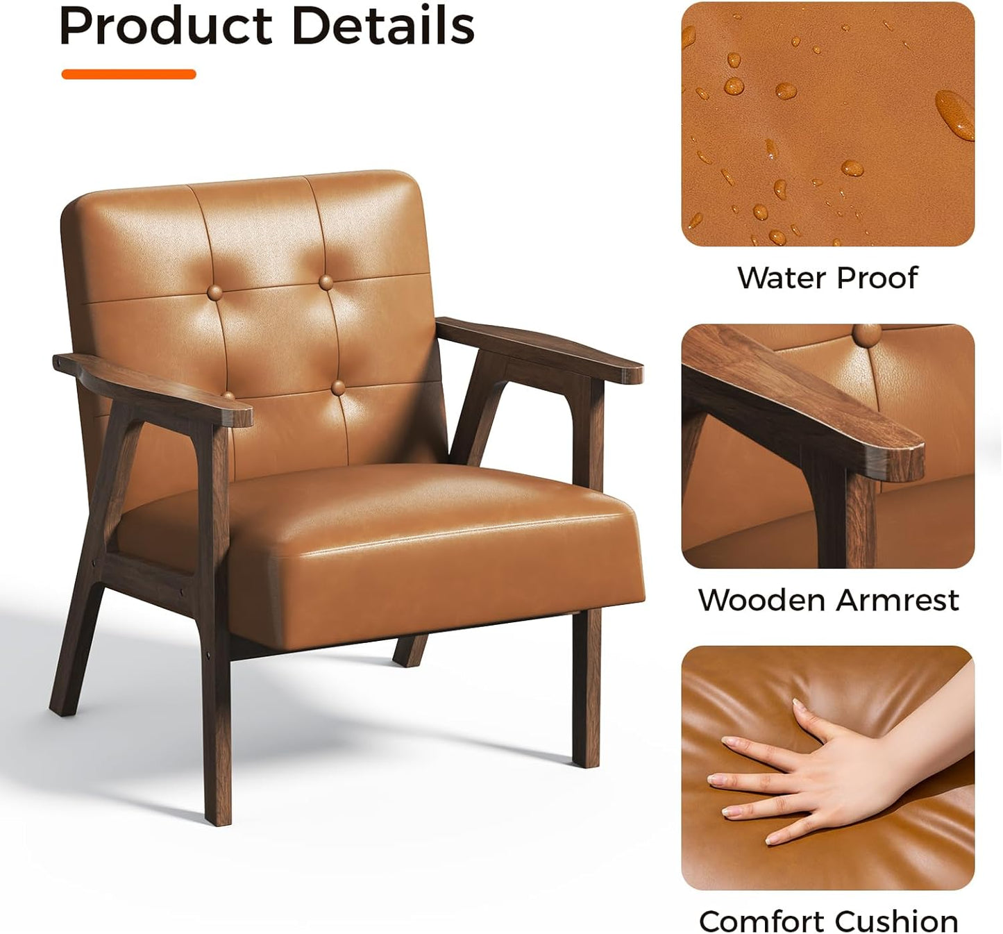 Casaottima PU Leather Accent Chair Mid Century Comfy Cozy Chair with Solid Wood Legs,Modern Arm Reading Chair with Button Tufted Back for Living Room Bedroom (Dark Brown)