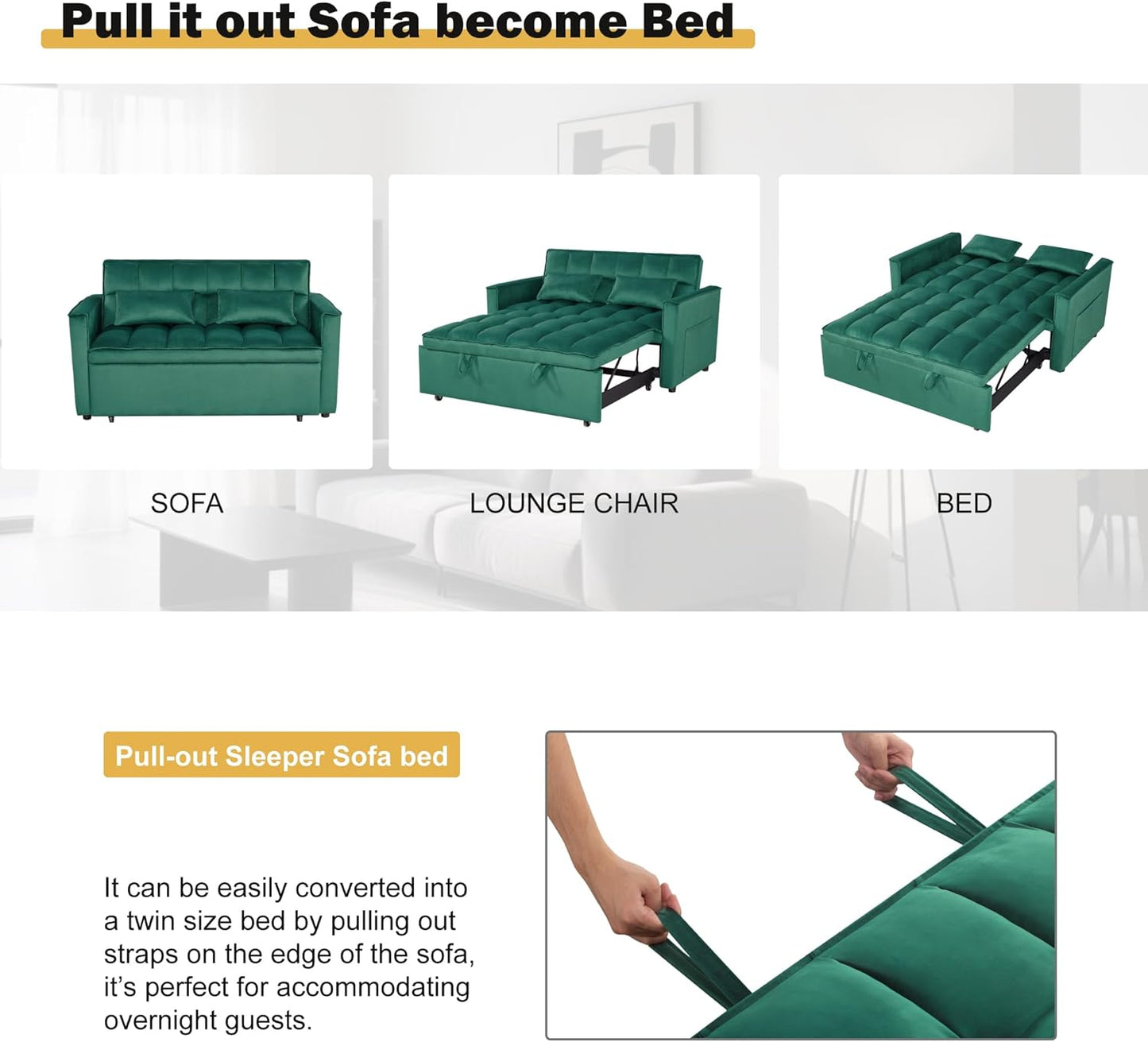 3 in1 Sofa Bed, Pull-Out Sleeper Sofa Bed with 3-Level Adjustable Backrest, Velvet Fabric Convertible Love Seat Sleepers Beds for Living Room & Bedroom & Apartment, Green