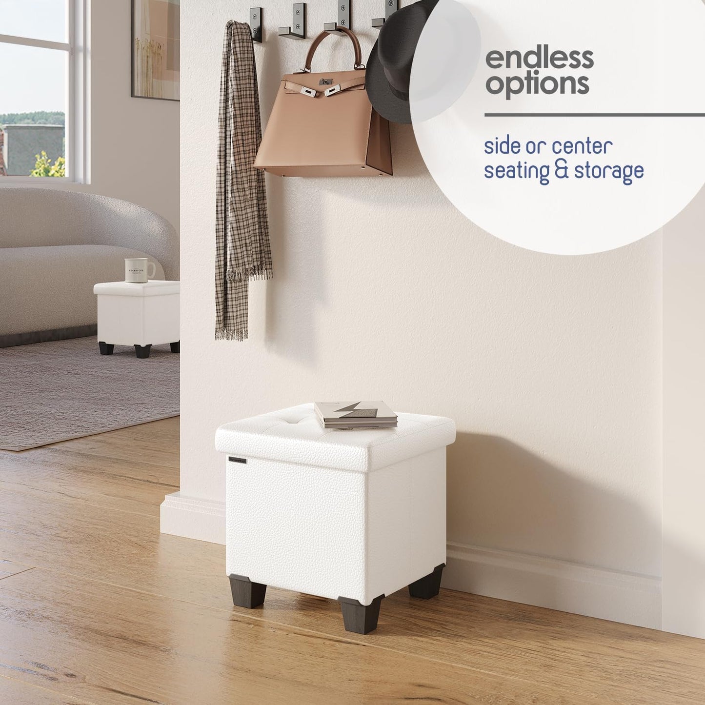 STORAGEBUD Storage Ottoman Cube with Small Bin, 16-in Square Ottoman with Storage for Living Room and Bedroom, Small Ottomans Foot Rest, Faux Leather Foot Stools Ottomans Max 330lbs, Cream