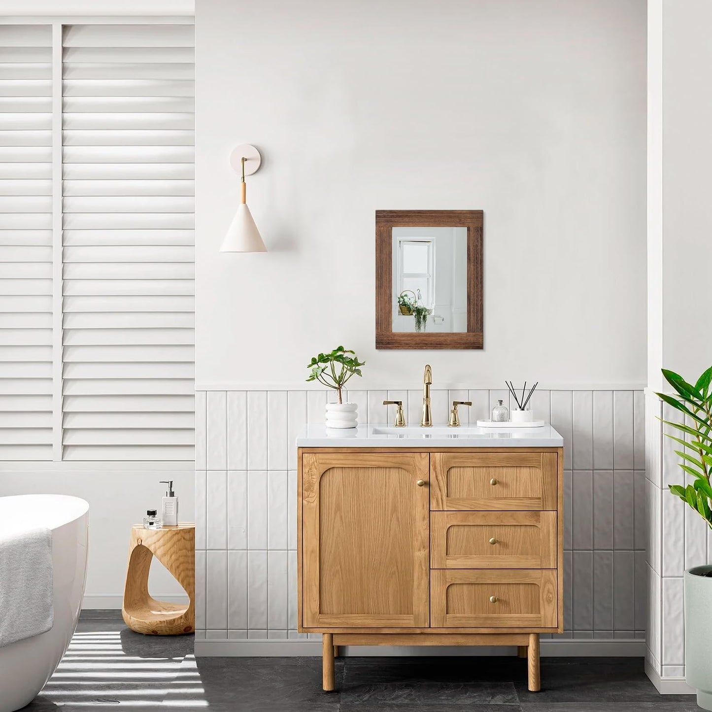 Wood Mirror Rectangular Framed Rustic Vintage Mirrors Decor Farmhouse Bedroom Bathroom Mirror for Dressing Table Entrance Small 16"x12" Brown