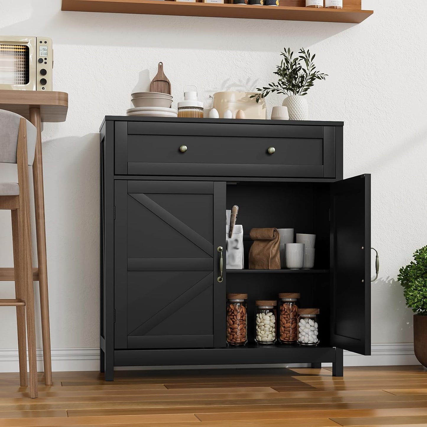 Buffet Sideboard with 2 Barn Doors,Black Kitchen Cabinet with Adjustable Shelf, Freestanding Floor Storage Cabinet