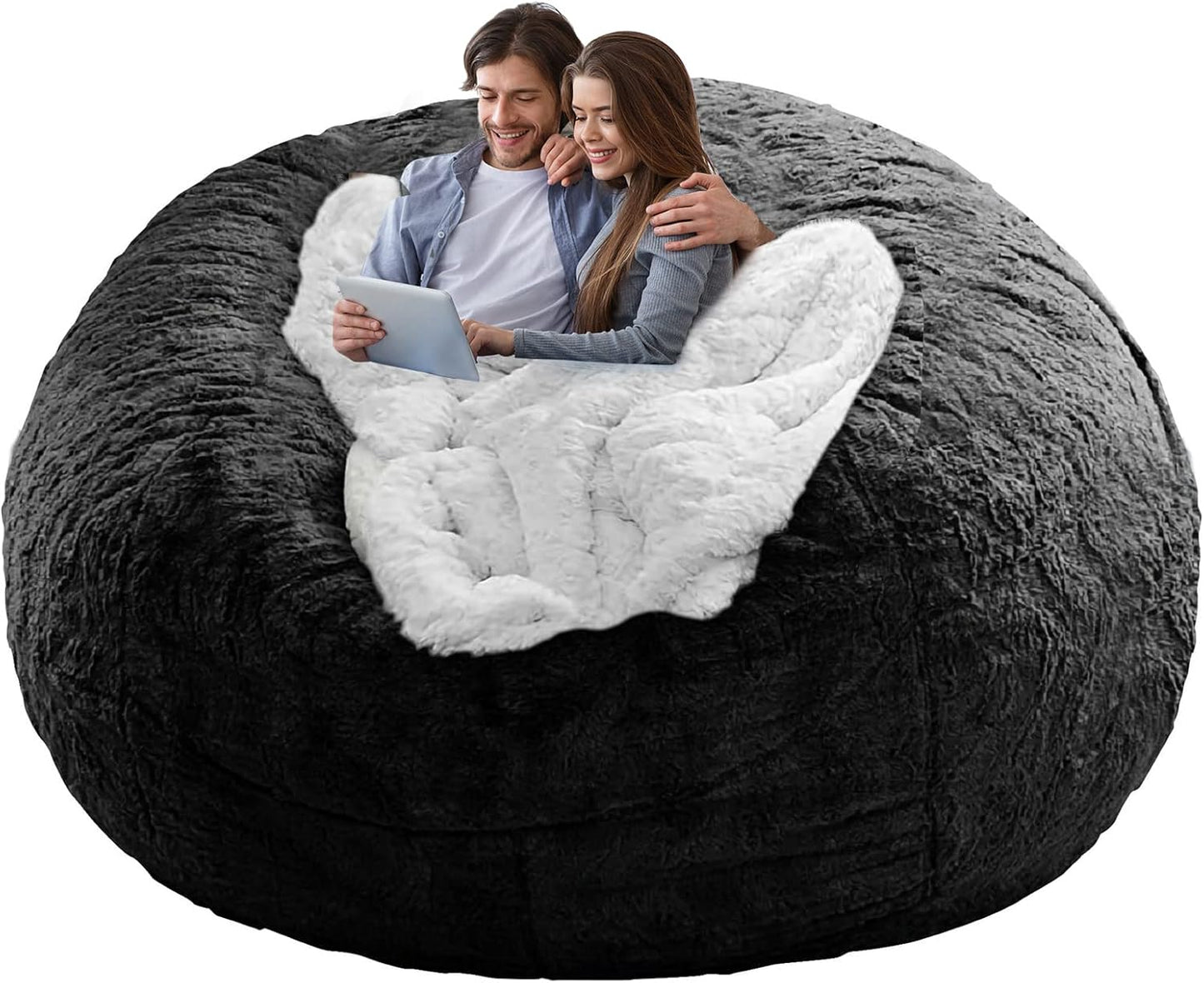 (No Filler) Bean Bag Chair Cover Without Filler,Big Round Soft Fluffy PV Velvet Washable Bean Bag Lazy Sofa Bed Cover for Adults,Living Room Bedroom Furniture Outside,5ft Black