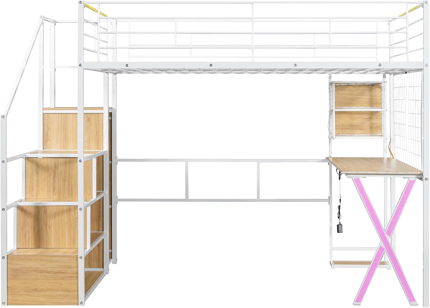 Merax Full Size Metal Loft Bed with Built-in Work Station, Wardrobe, Storage Staircase and LED, Gaming Bed for for Kids Teens Adults, Full-Length Guardrails, No Box Spring Needed, White