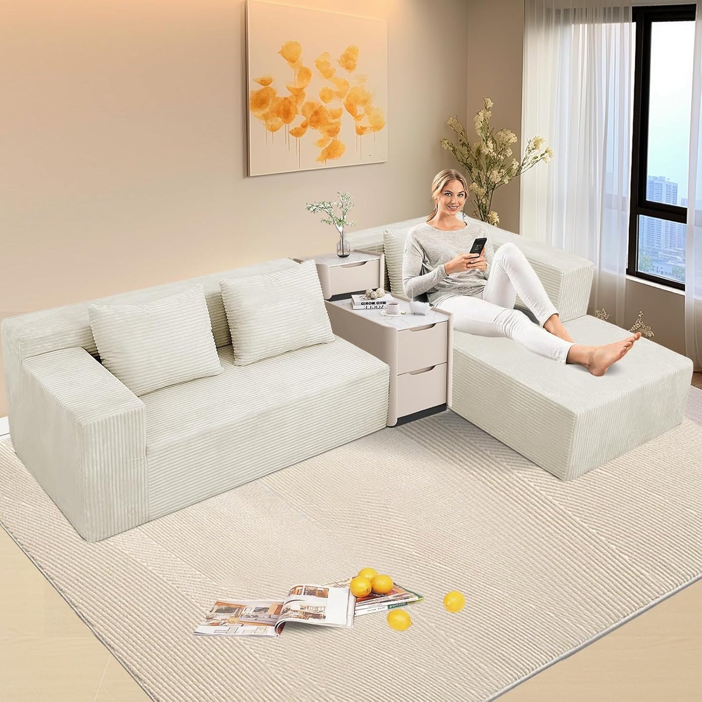 ANONER 103" Cloud Sectional Couch with Deep Seat, Modern Modular Boneless Couch L-Shape Upholstered Sofa with Chaise, Free Combination Corduroy Couches for Living Room, Beige