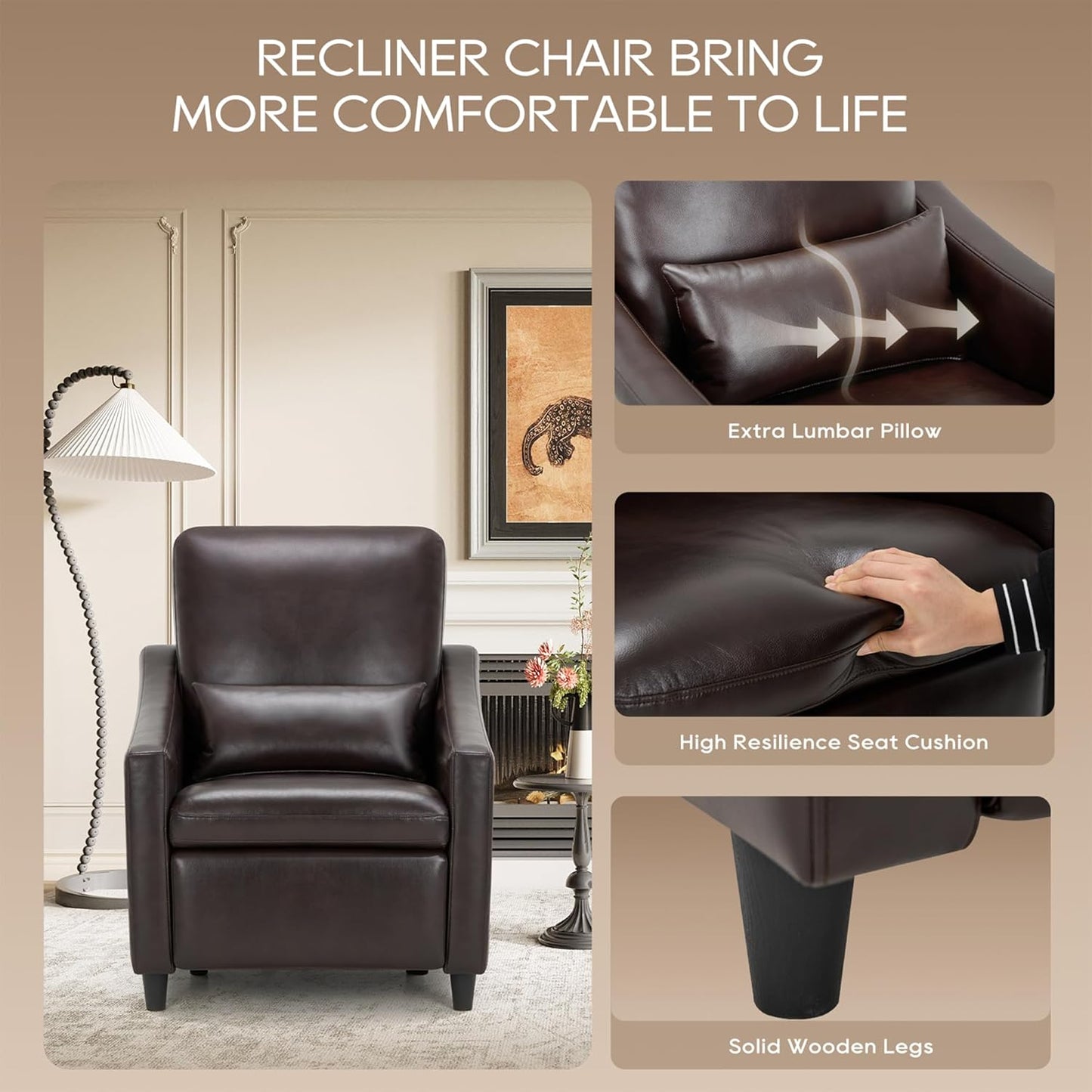 COLAMY Pushback Electric Recliner Chair, Premium Leather Upholstery with Adjustable Angles, Extra Lumbar Pillow, Built-in Charging Port, Business-Casual Style for Living Room(Brown