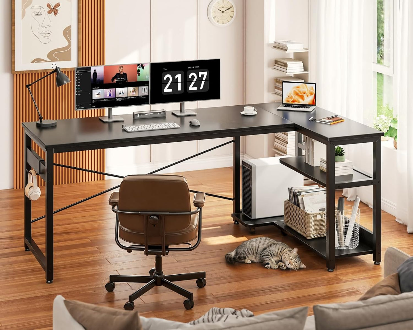 Casaottima L Shaped Computer Desk, 55 Inch Small Corner Desk with Storage Shelves & PC Stand, Reversible Gaming Desk for Bedroom, Modern Writing Study Table for Home Office, Black