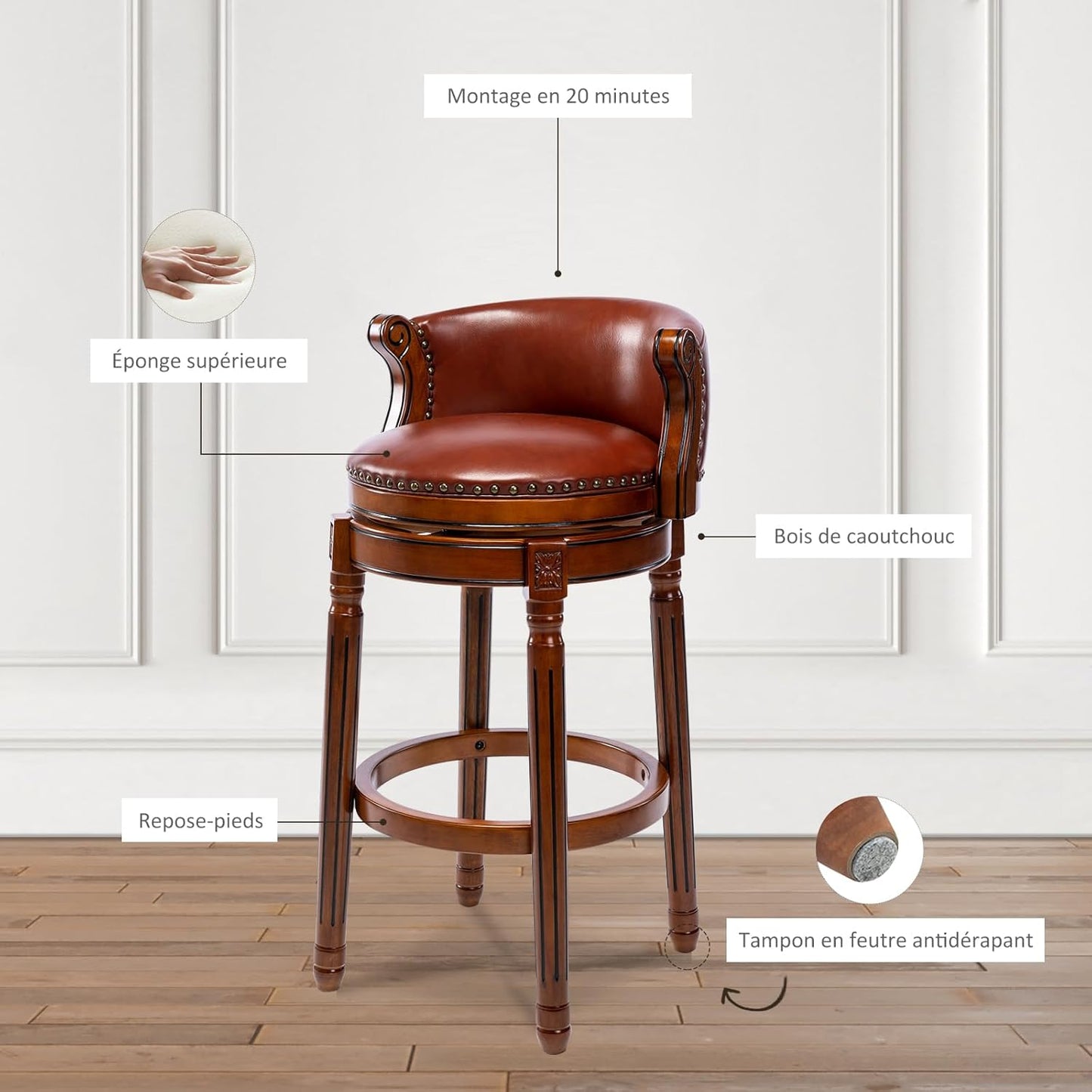 Cow top Leather Wooden Bar Stools, 26" Counter Height Bar Chair with Back, 180 Degrees Swivel Barstools Chair for Home Kitchen Counter,Dining Room, Restaurant