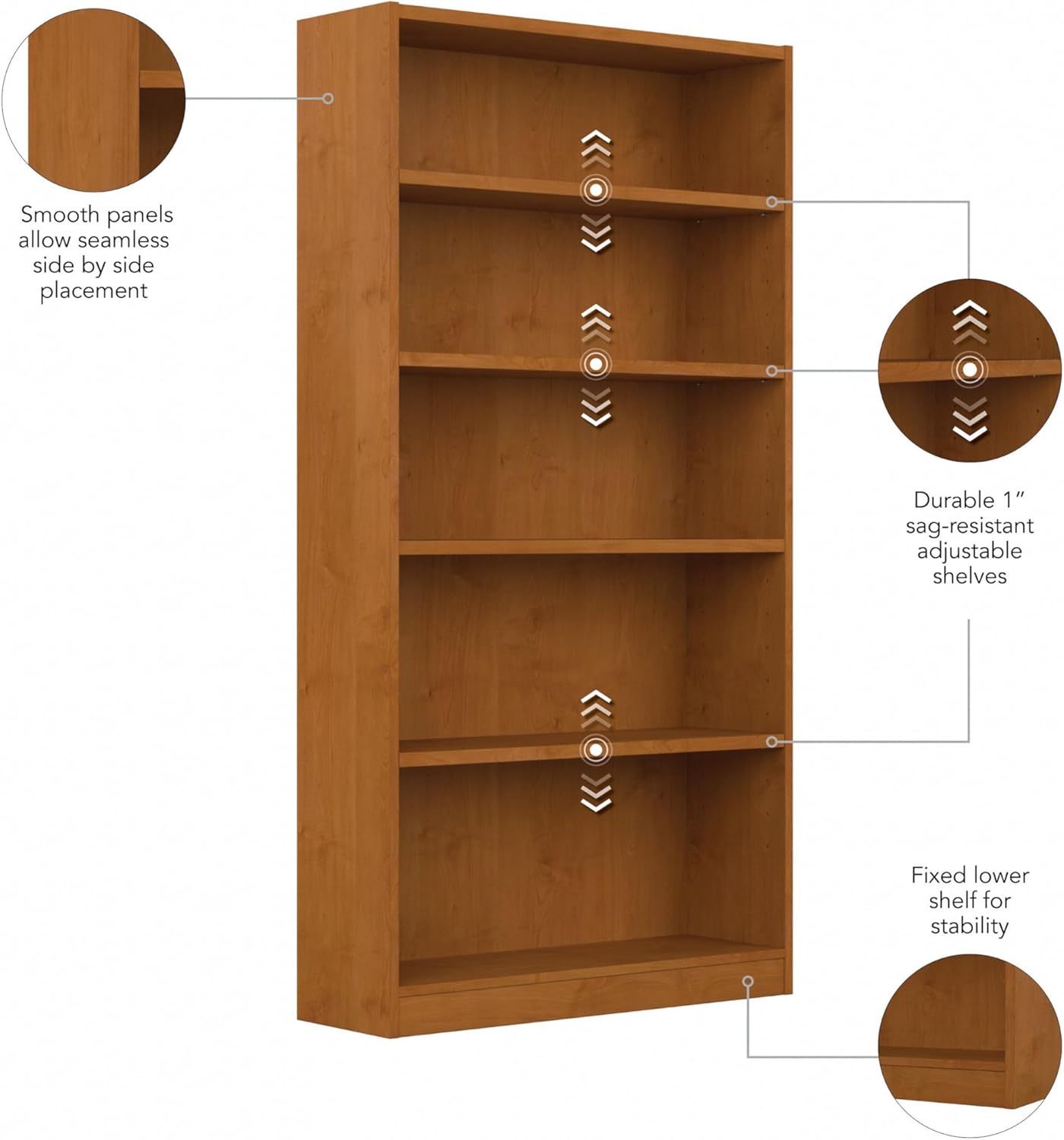 Bush Furniture Universal Tall 5 Shelf Bookcase in Natural Cherry