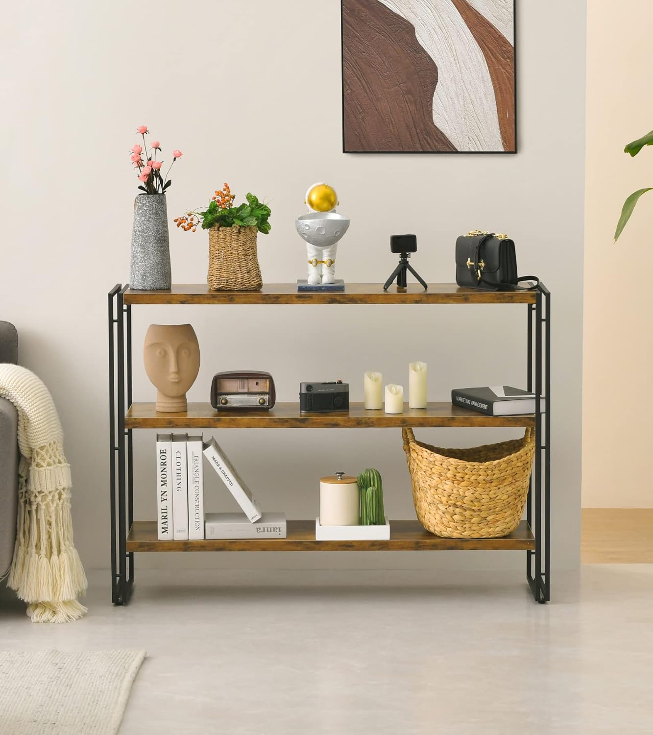HCHQHS 3-Tier Rustic Wood and Metal Industrial Bookcase - 40in, for Home Office, Bedroom, Kitchen, Bathroom