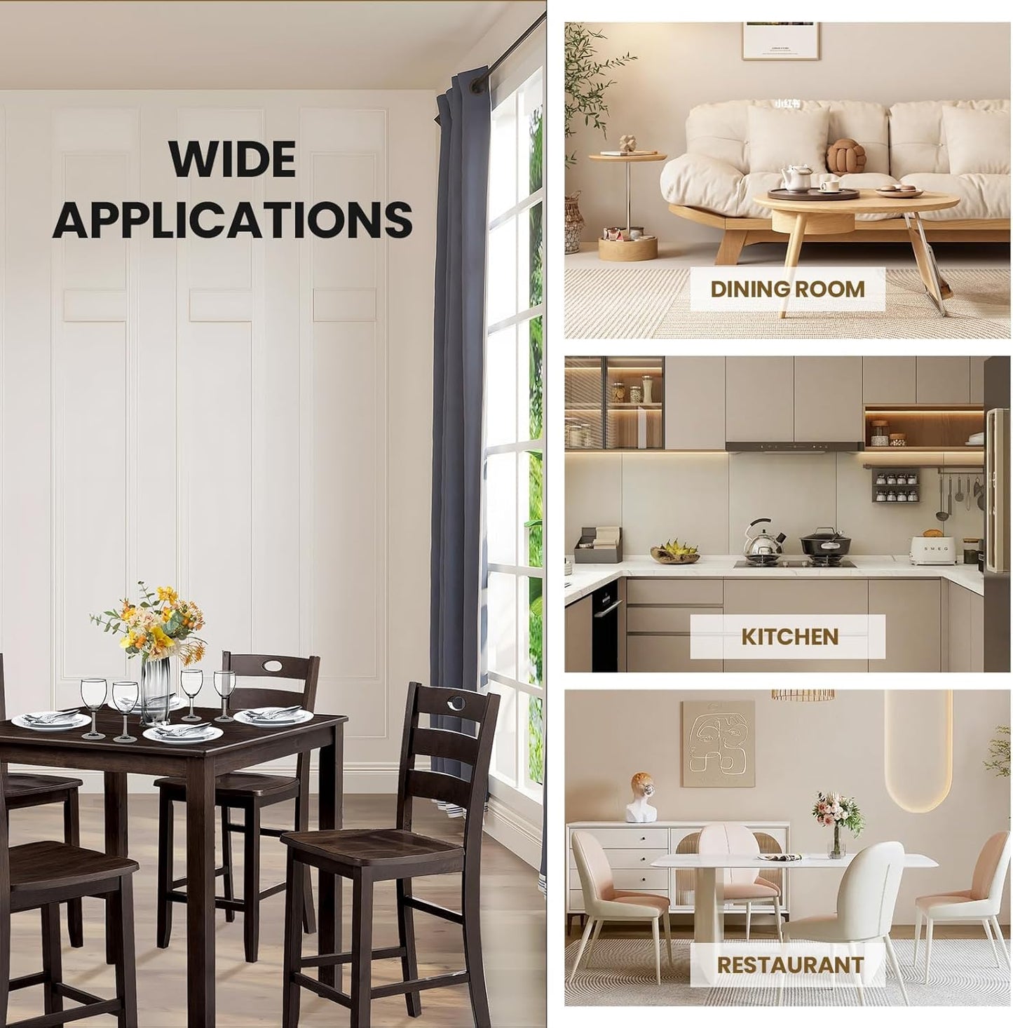 5-Piece Dining Table Set, Solid Rubber Wood Dining Room Table Set for 4, High Top Table and Chair Set for Kitchen Dining Room Restaurant Bar,Espresso