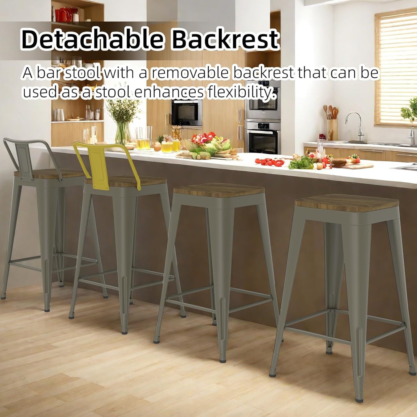 Rusty Bar Stools Set of 4, Metal Bar Stools with Wooden Seat, Modern 24”Counter Height Barstools with Low Back