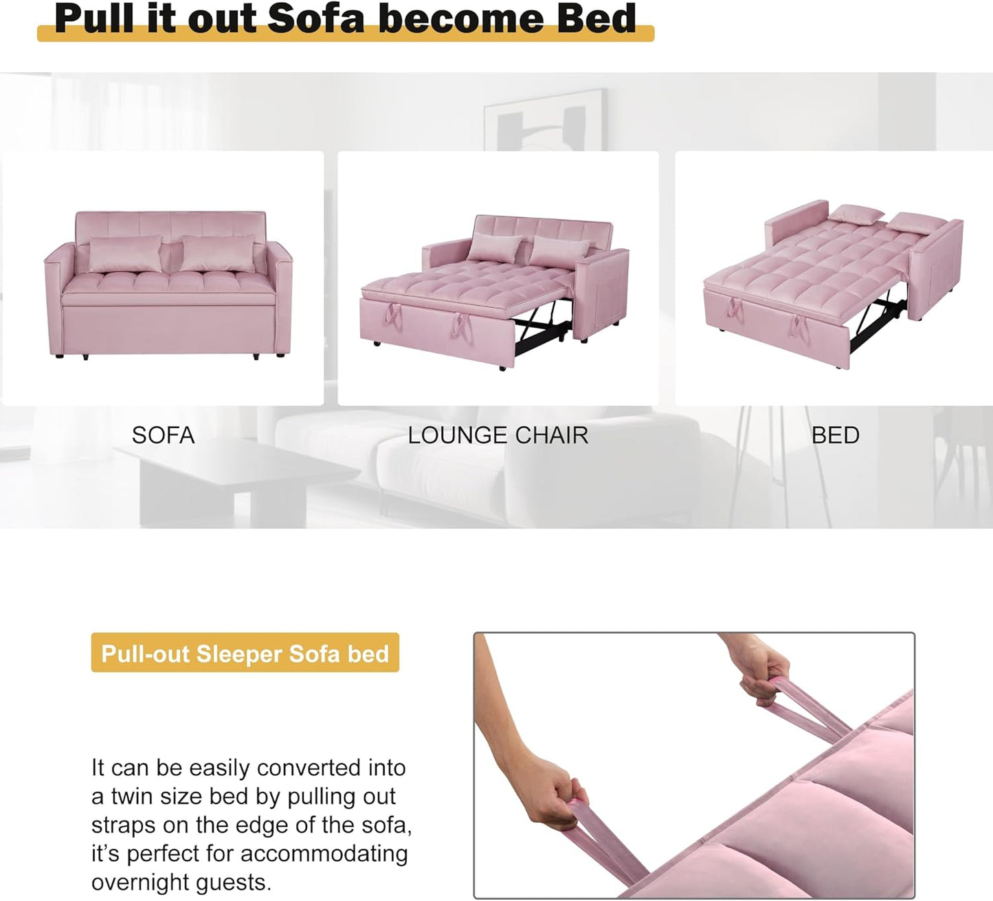 3 in1 Sofa Bed, Pull-Out Sleeper Sofa Bed with 3-Level Adjustable Backrest, Velvet Fabric Convertible Love Seat Sleepers Beds for Living Room & Bedroom & Apartment, Pink