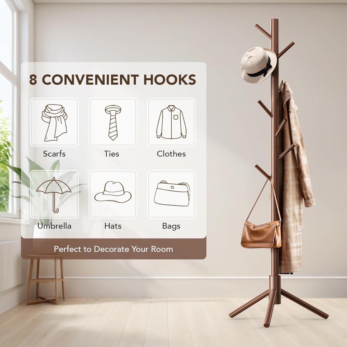Wooden Tree Coat Rack Stand,Sturdy Freestanding Coat Rack with 8 Hooks,3 Adjustable Height for Child Adult,Wood Coat Stand Tree Fits Entryway Bedroom Office for Bags,Hats, 2 Pack