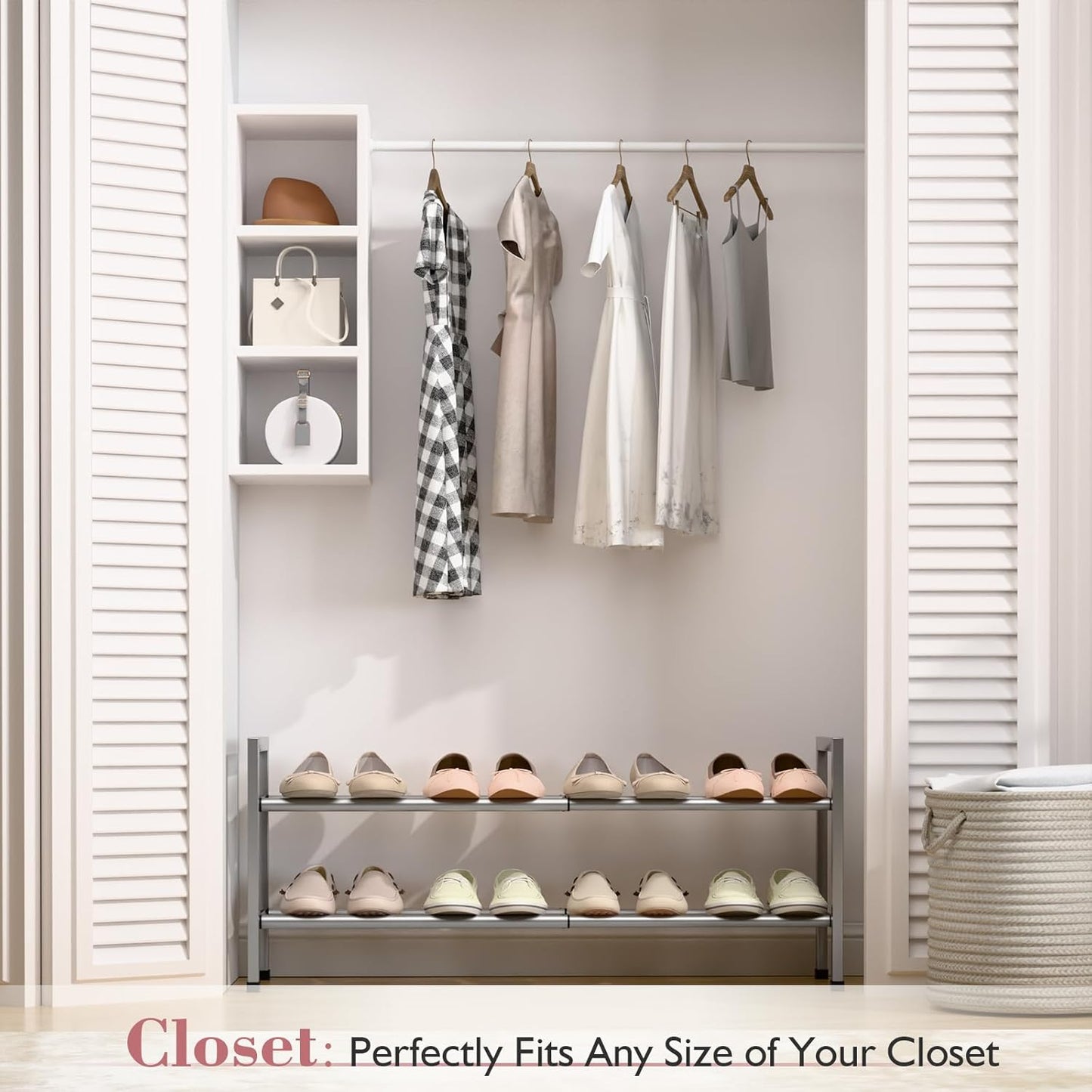 Bumusty 2 Tier Expandable Shoe Rack for Closet, 18“-33” Adjustable Shoe Rack for Small Space, Small Shoe Organizer for Front Door, Sturdy Metal, Light Grey