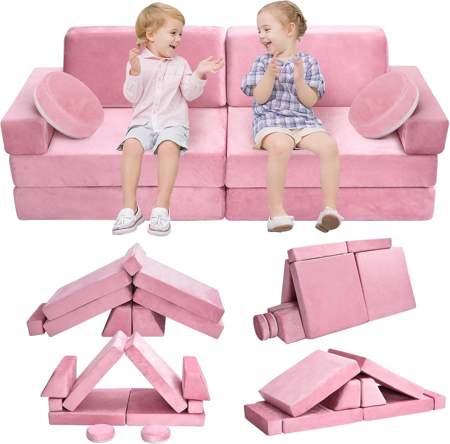 10Pcs Kids Play Couch,Toddler Sofa,Modular Kids Couch for Playing, Creativing, Sleeping (Pink)