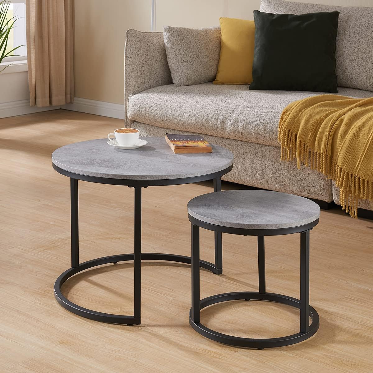 CENSI 24" Round Nesting Table, Accent Coffee Table, Grey Faux Concrete Wood Finish, Space-Saving, Modern Industrial Style