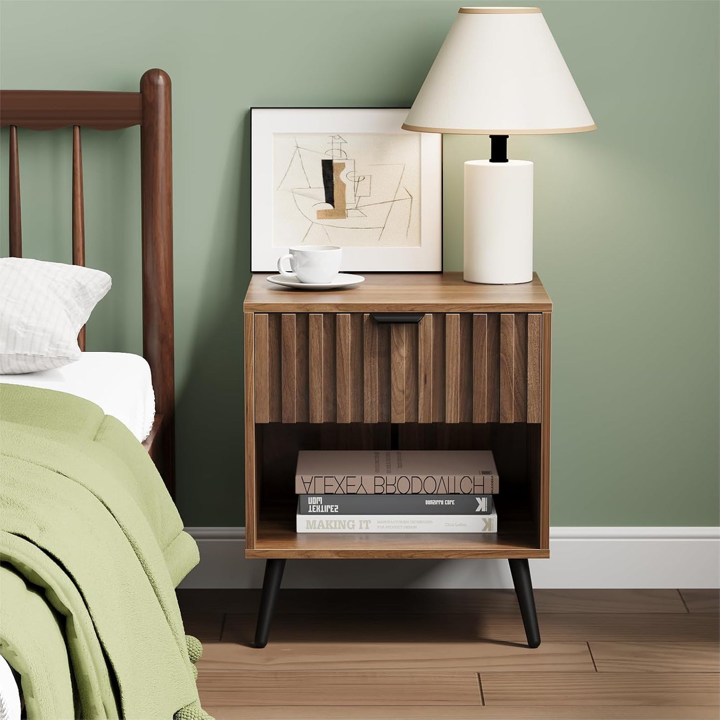 Nightstands, Walnut Fluted Night Stand, Mid Century Modern Nightstand, Bedside Table with Seamless Slatted Drawer, End Tables Bedroom with Metal Legs, Night Stand for Bedroom