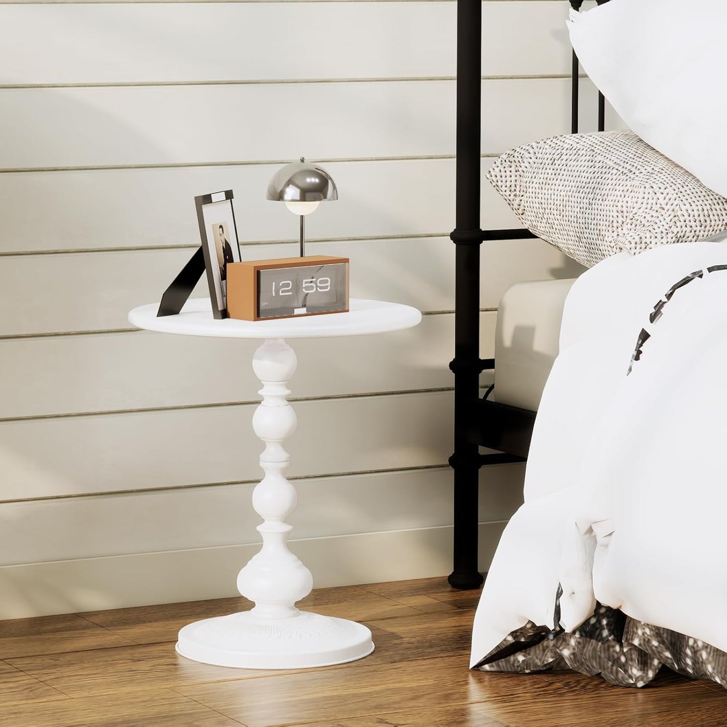 XIV Metal Small Round Side End Table, Vintage Matte Coffee Drink Cocktail Table, Accent Pedestal Table for Living Room Corners and Small Spaces, 21'' Height (White)