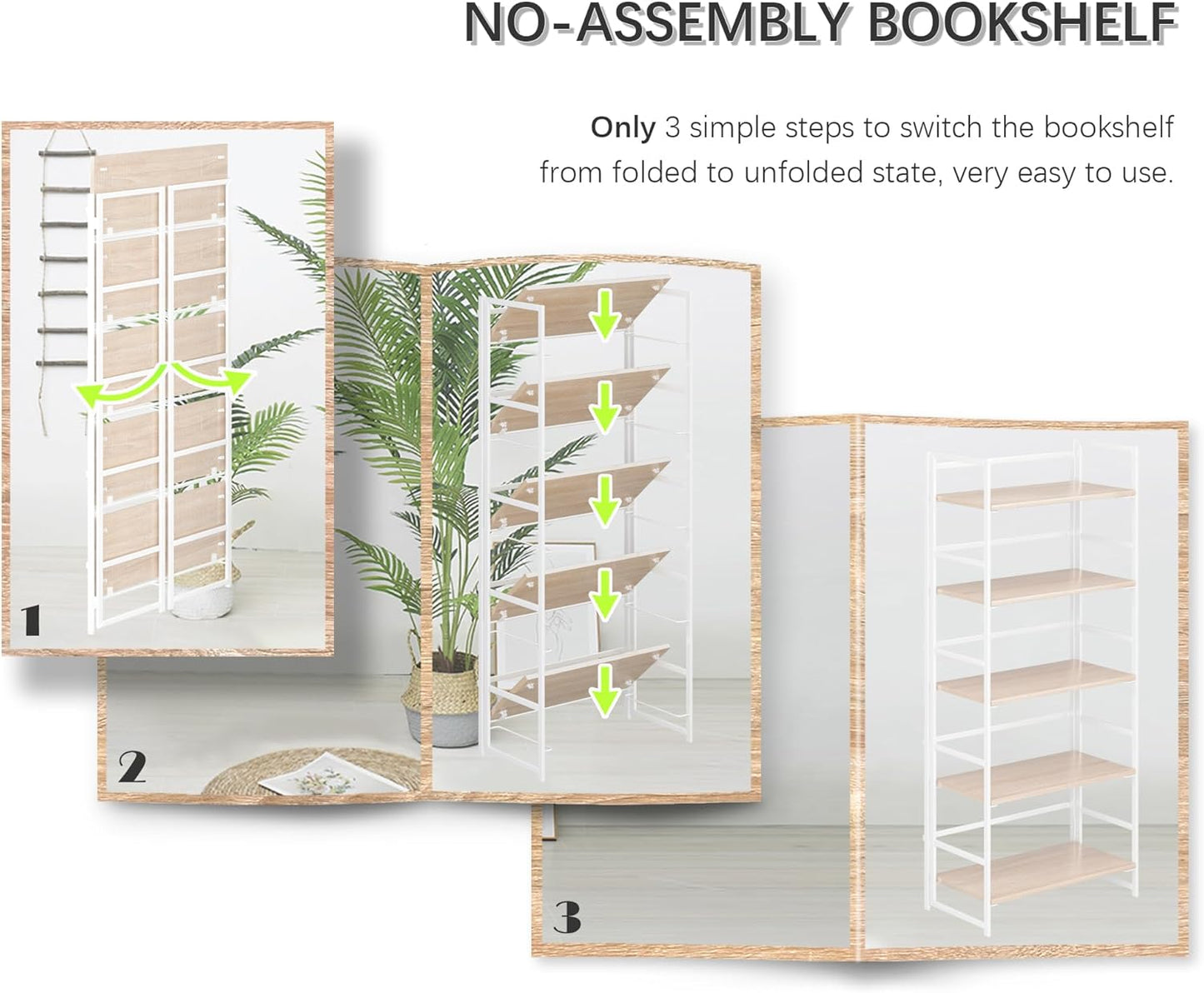 4NM No Assembly 5 Tiers Book Shelves, White Folding Bookshelf Bookcase Open Industrial Foldable Shelves for Bedroom, Living Room, Home Office - Natural White