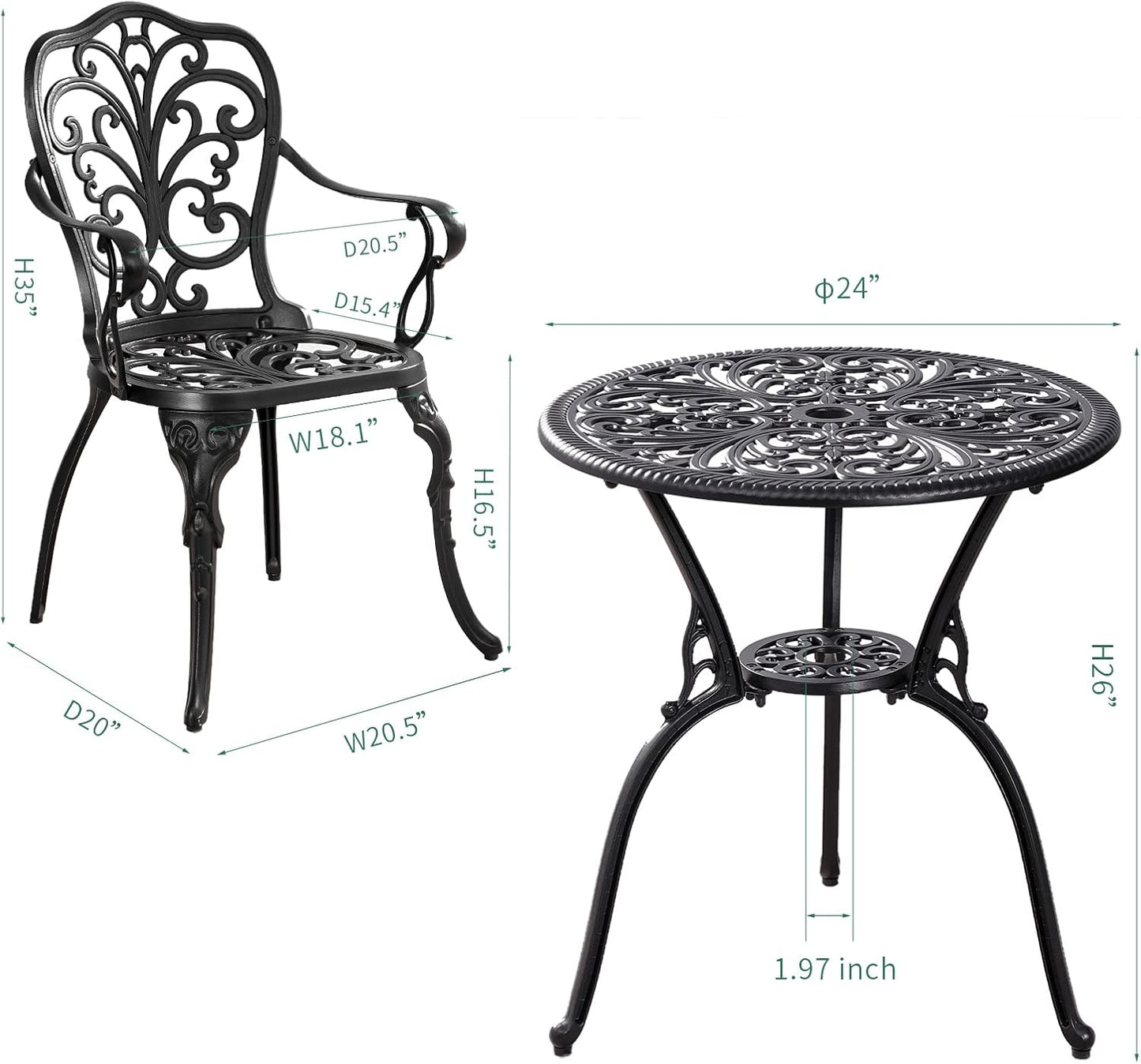 Bistro Set 3 Piece Outdoor, Bistro Table and Chairs Set of 2, All Weather Patio Bistro Set with Umbrella Hole, Patio Set for Garden, Black