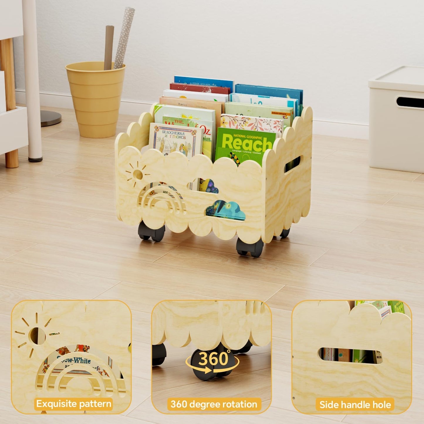 Wood Kids Bookshelf, Montessori Bookshelf, with 2 Adjustable Dividers, 4 Wheels Suitable Kids Rooms, Nursery & Classroom, Book Shelf for Kids Rooms, Toddler Book Rack, Nursery Book Shelves