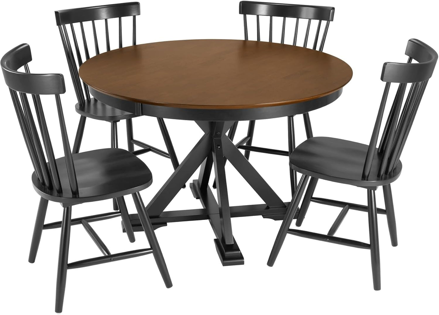 Bush Furniture Round Dining Table Set for 4, with 45 inch Trestle Design, High Back Spindle Dining Chairs, Transitional, West End Collection, Dark Brown and Black