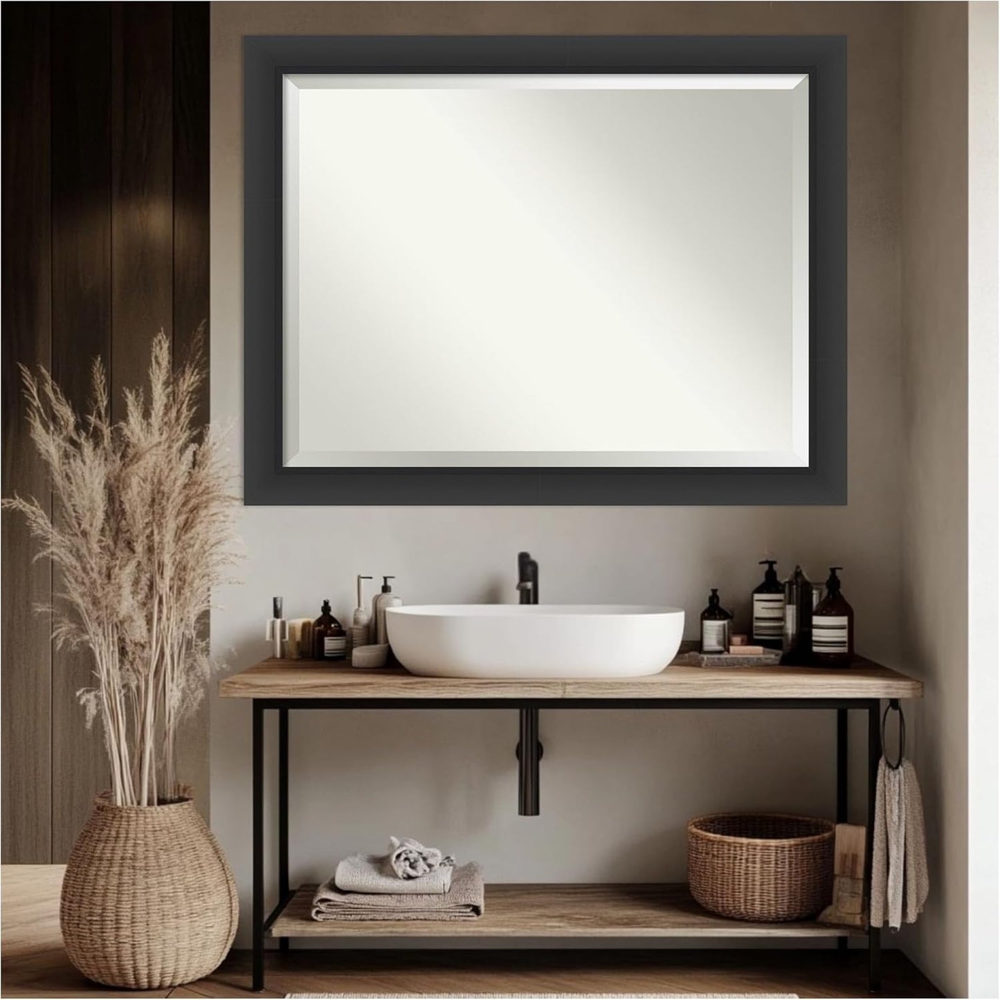 Amanti Art Black Bathroom Mirror for Over Sink, 36x46 Sloped Black Rectangle Vanity Mirror, X-Large Modern Contemporary Frame, Hangs Horizonally and Vertically, Bathroom Wall Decor, Beveled Edge