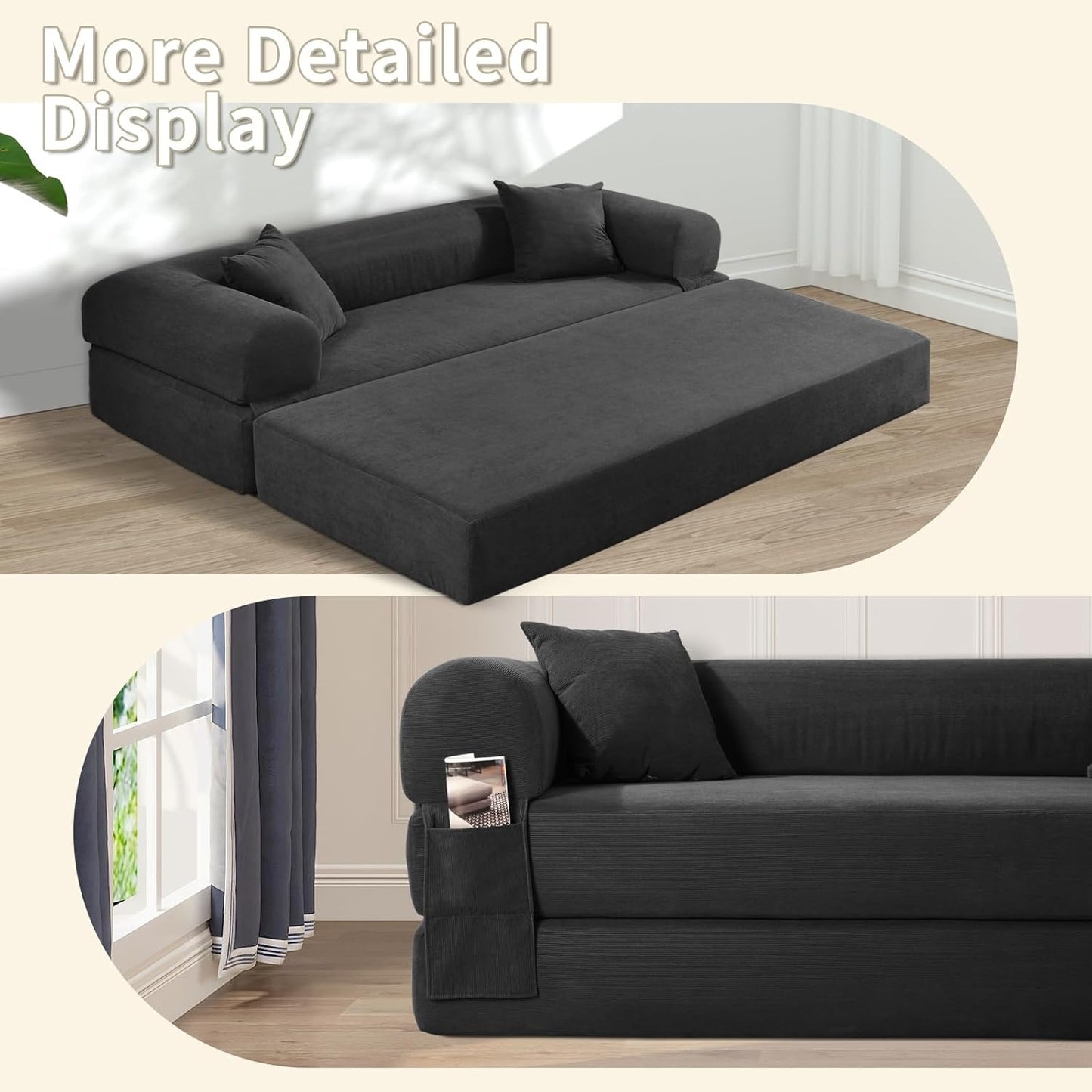 80" Convertible Sofa Bed, Corduroy Deep Seat Folding Pull Out Couch with Pillows, No Assembly Modern Boneless Couch Compression Sofa in Box, Floor Sofa with Storage Pocket for Living Room,Dark Grey