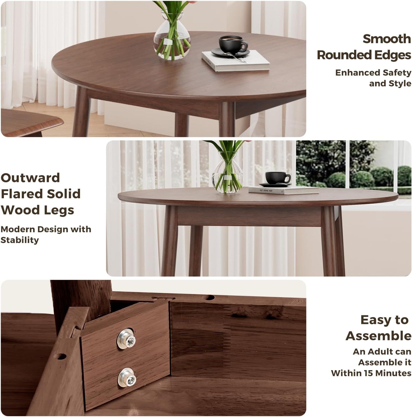 DELAVIN 31.5" Solid Wood Round Dining Table for 4, Farmhouse Small Kitchen Table for 2-4, Modern Office Table for Home Kitchen Apartment, Easy Assembly, Space Saving, Walnut